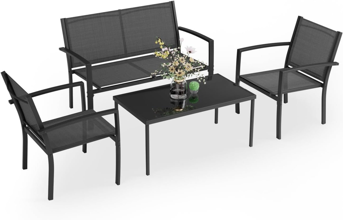 4 Pieces Patio Furniture Set, Outdoor Conversation Sets for Patio, Lawn, Garden, Poolside with a Glass Coffee Table, Black-1