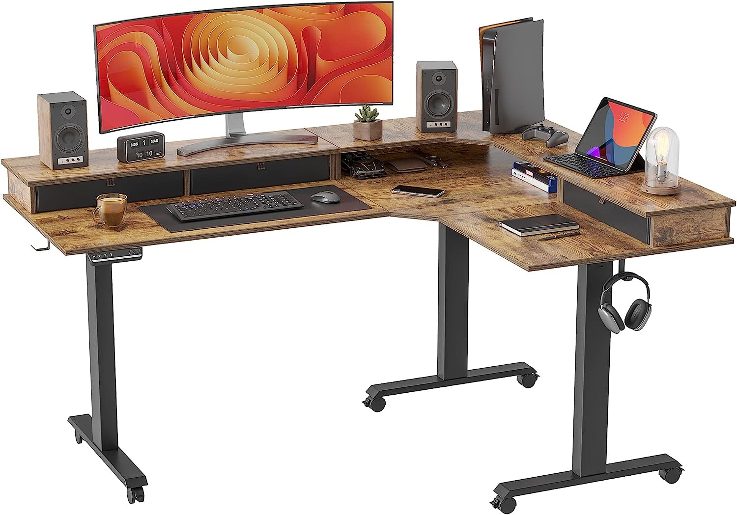 Triple Motor Standing Desk, L-Shaped, Rustic Brown-0