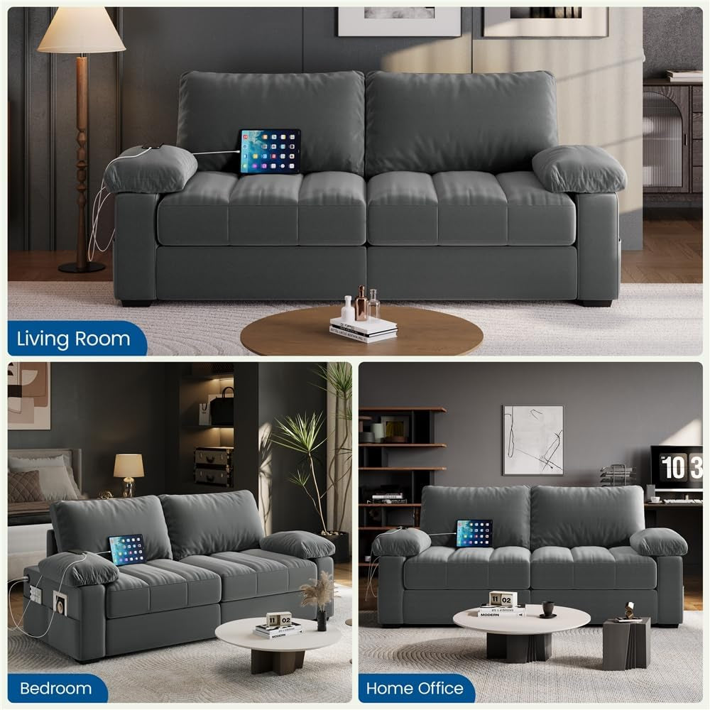 79" Velvet Couch, Comfy Sofa with Pocket Coils, Deep Seat, Storage Pockets and USB Ports, 2 Seater Modern Loveseat Sofas with Removable Cover, Pillow Top Arms for Living Room Apartment Gray-2