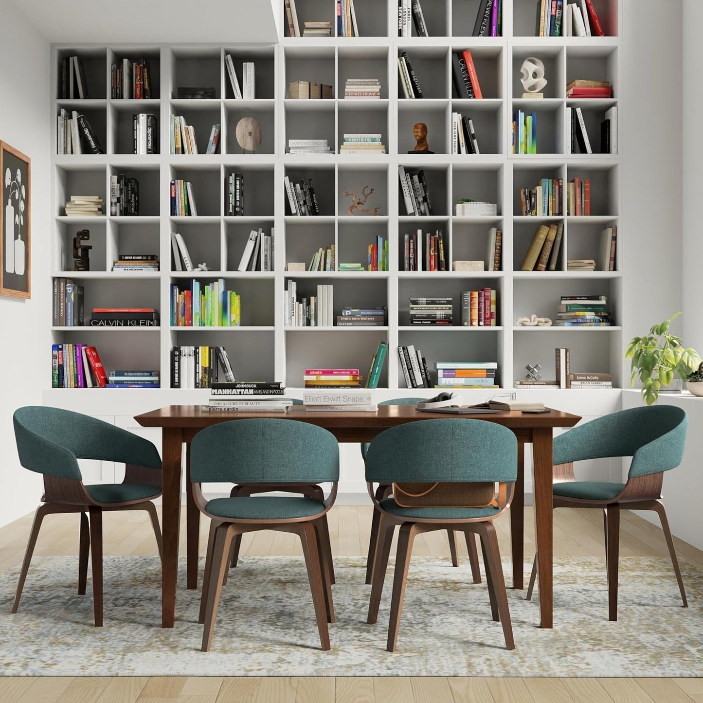 Lowell Mid Century Modern Bentwood Dining Chair in Light Turquoise Blue Linen Look Fabric, for the Dining Room-1