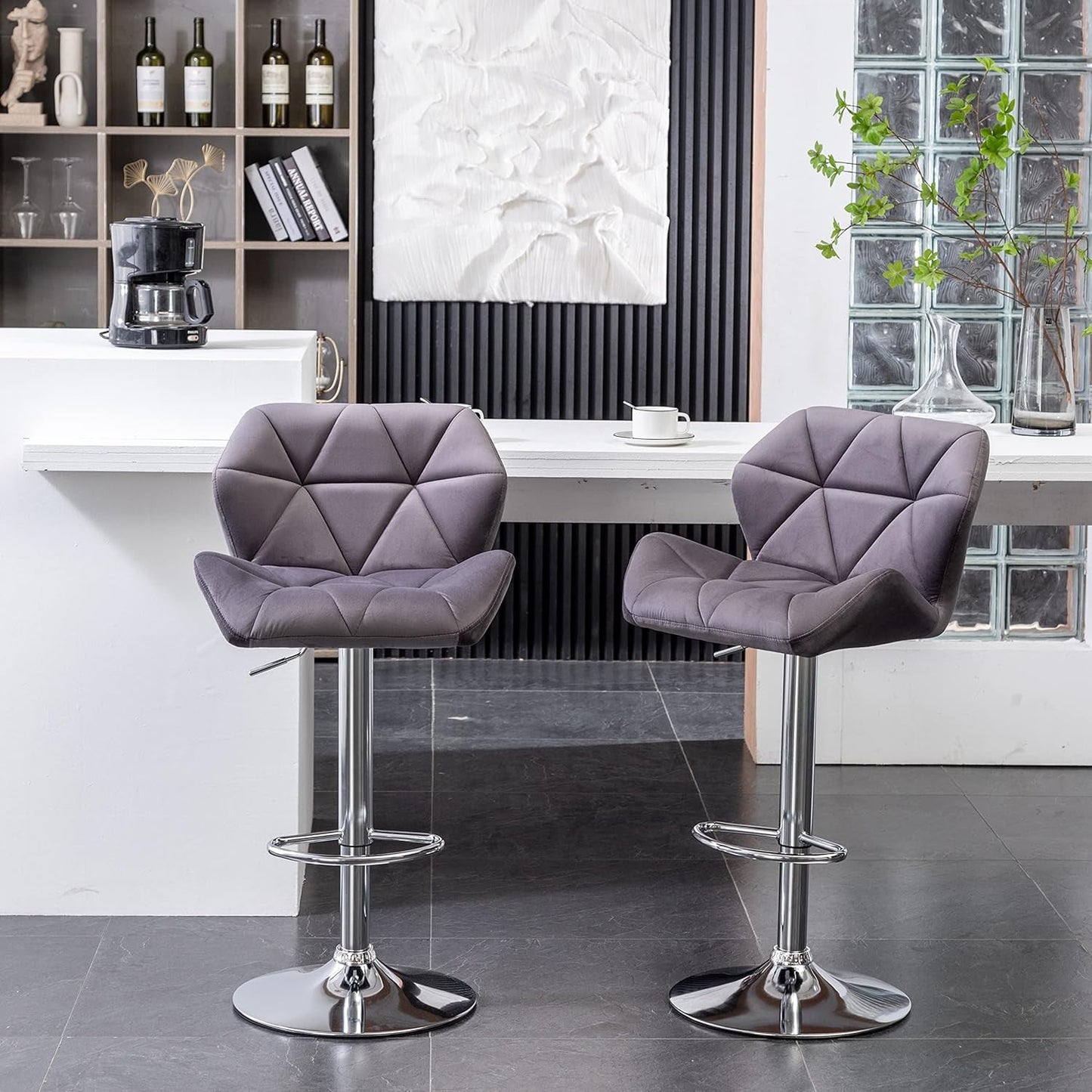 Breni Velvet Diamond Tufted Swivel Adjustable Height Barstools, Set of 2, Gray-2