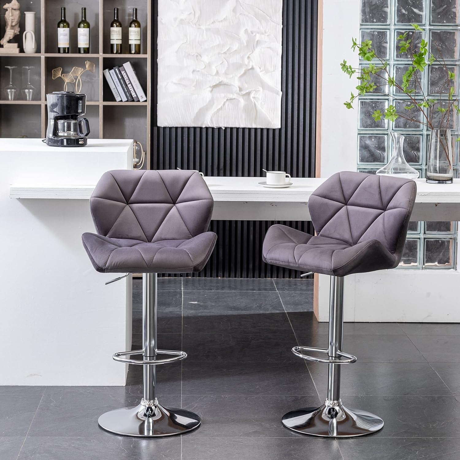 Breni Velvet Diamond Tufted Swivel Adjustable Height Barstools, Set of 2, Gray-2