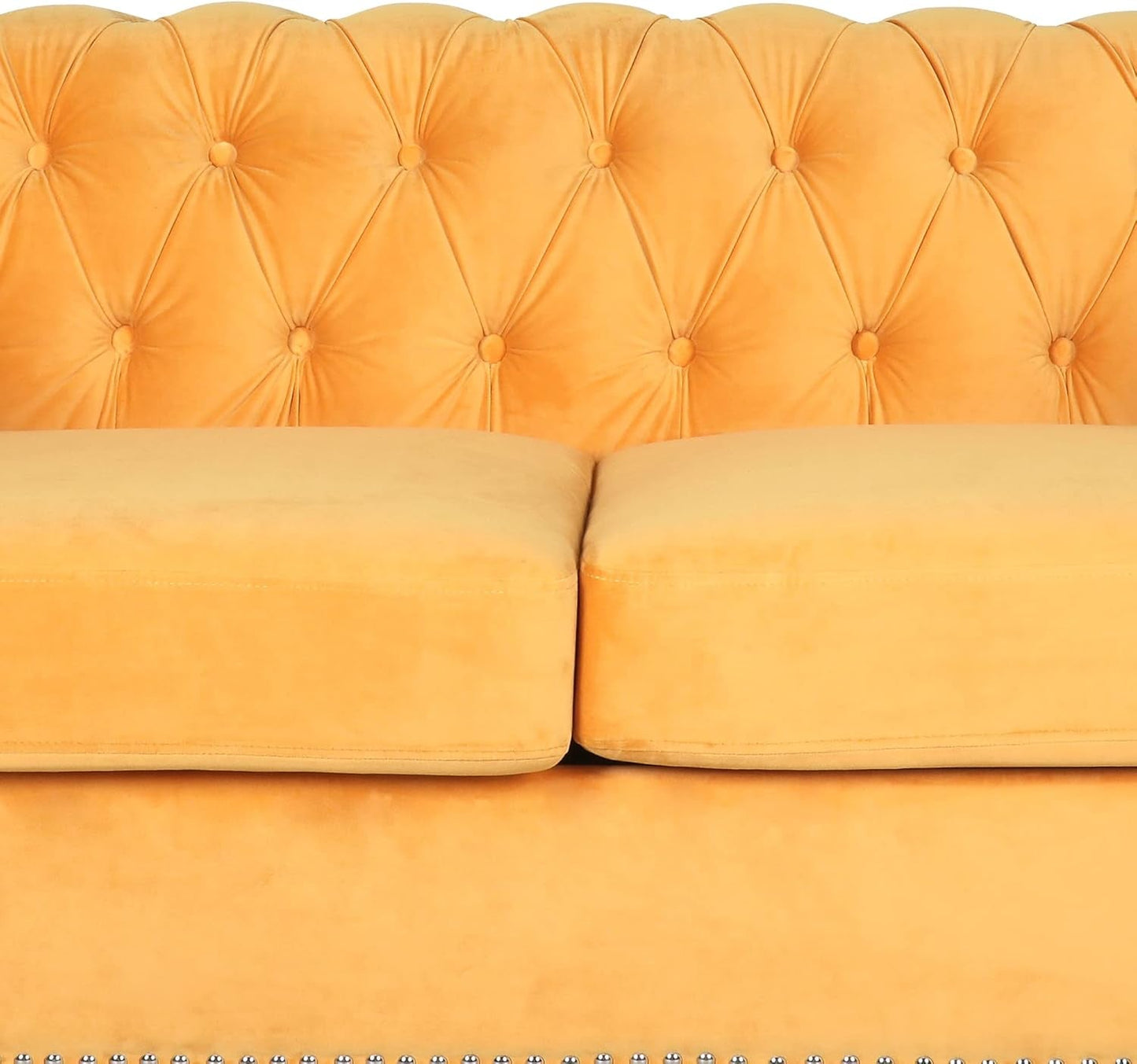 3 Pieces of Living Room Furniture Sofa Sets, Modern Velvet Chesterfield Sofa&Chesterfield Club Chair&Chesterfield Loveseat Sofas Set with Nailhead Trim Scroll Arms for Living Room(Mango)-4