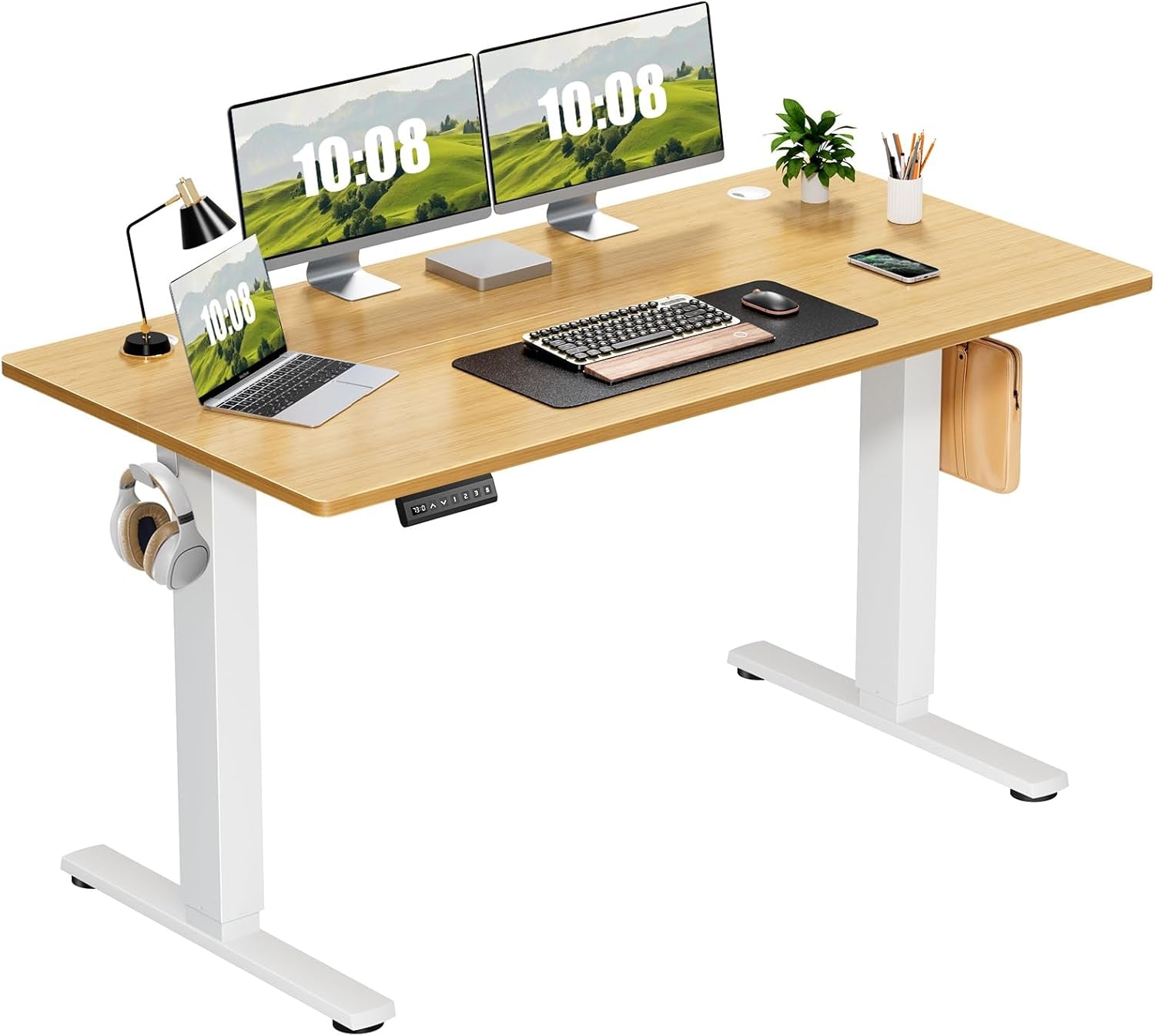 Electric Adjustable Height Standing Desk - 55 X 24 Inch Sit to Stand up Desk with Splice Board, Rising Home Office Computer Table with 2 Hook and Wire Hole for Work-0
