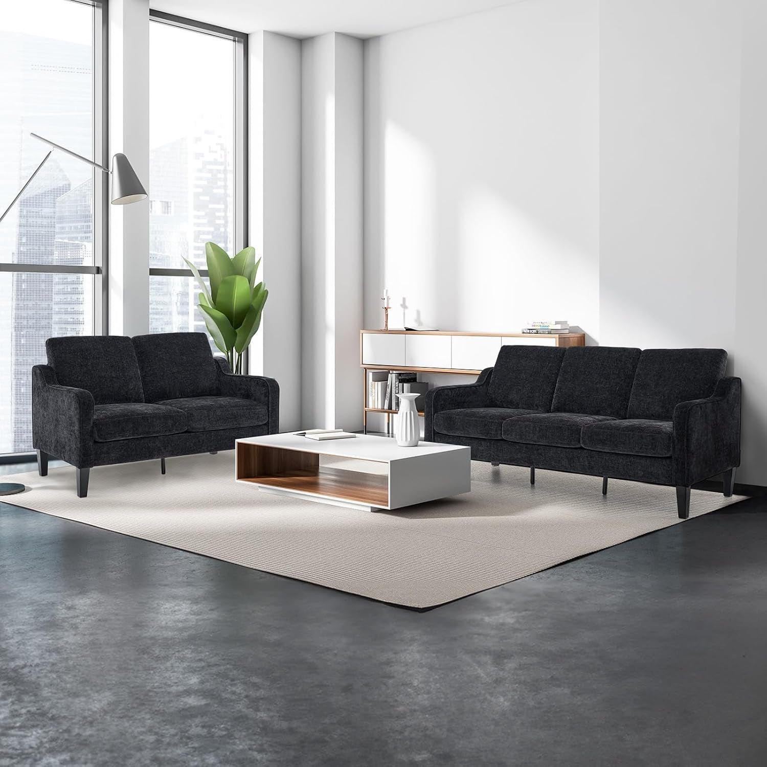 Loveseat Sofa Set for Living Room, Mid-Century Modern Couch and Love Seat Set,53" Loveseat+71" Small Couch for Bedroom Sofa Furniture for Small Spaces Apartment (Black)-0