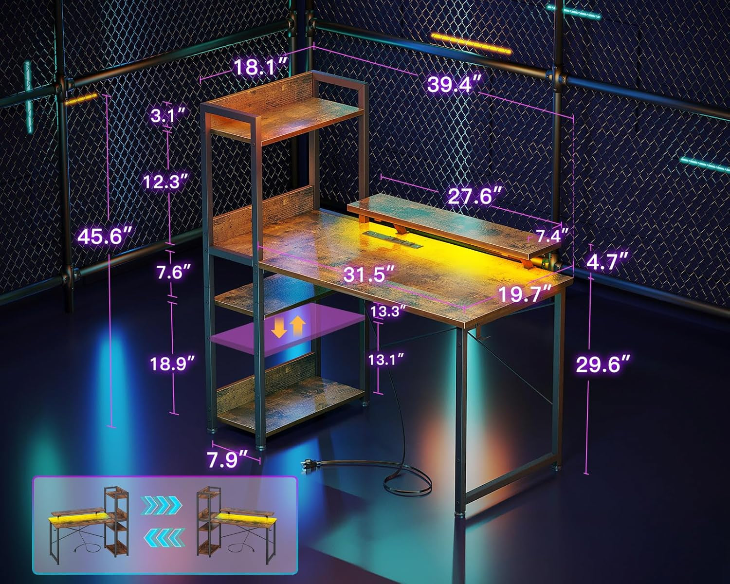 Reversible Gaming Desk with USB Charging Port and LED Lights, 40 Inch Computer Desk with Storage Shelves & Monitor Stand, Writing Study Table for Home Office, Small Space Bedroom, Rustic Brown-2