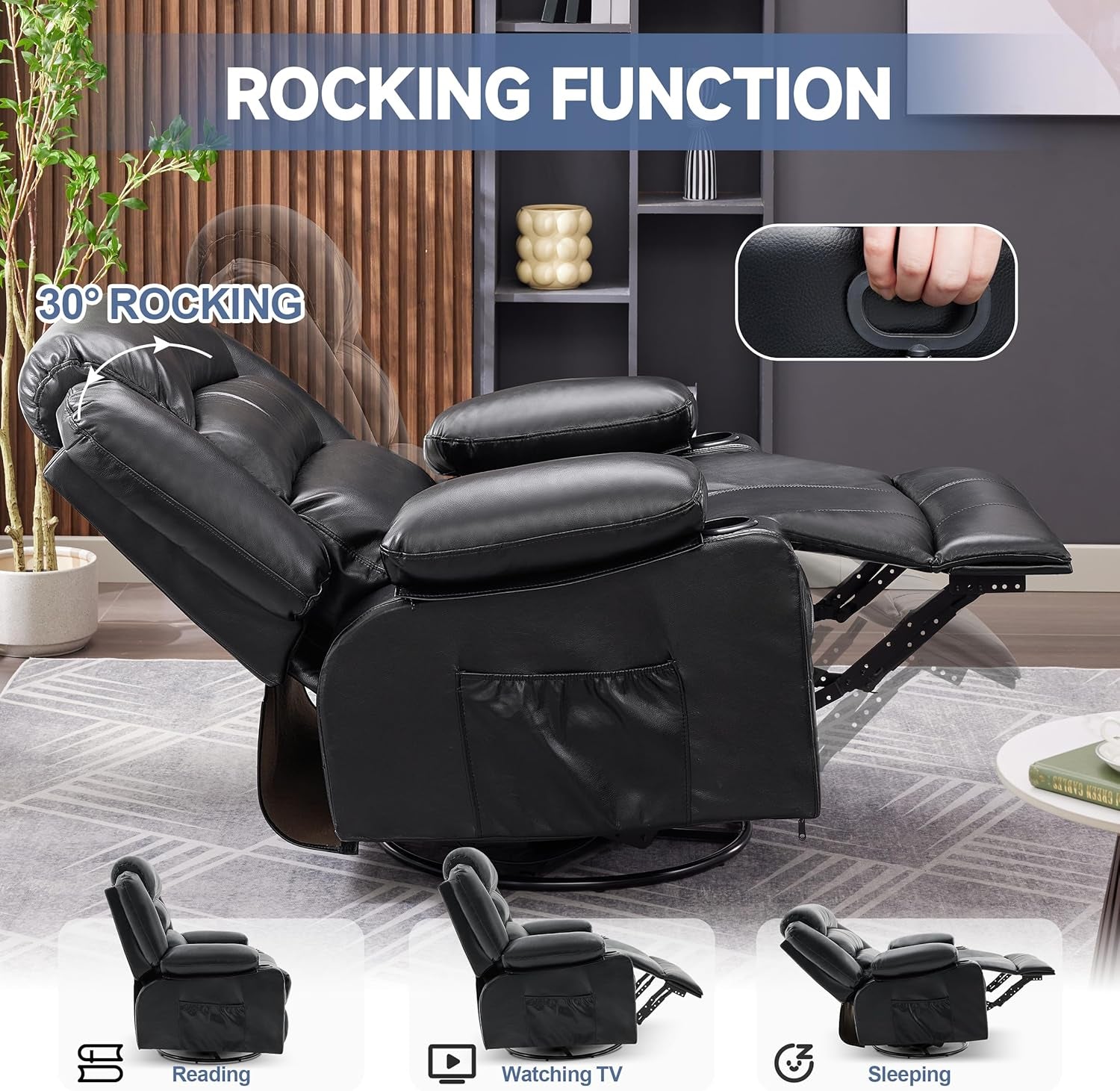 Rocker Recliner Chair with Heat and Massage, 360° Swivel Recliner Chairs for Adults, Oversized Recliner Single Sofa Seat with Cup Holders, Lazy Boy Recliner Single Sofa Seat, Black-2