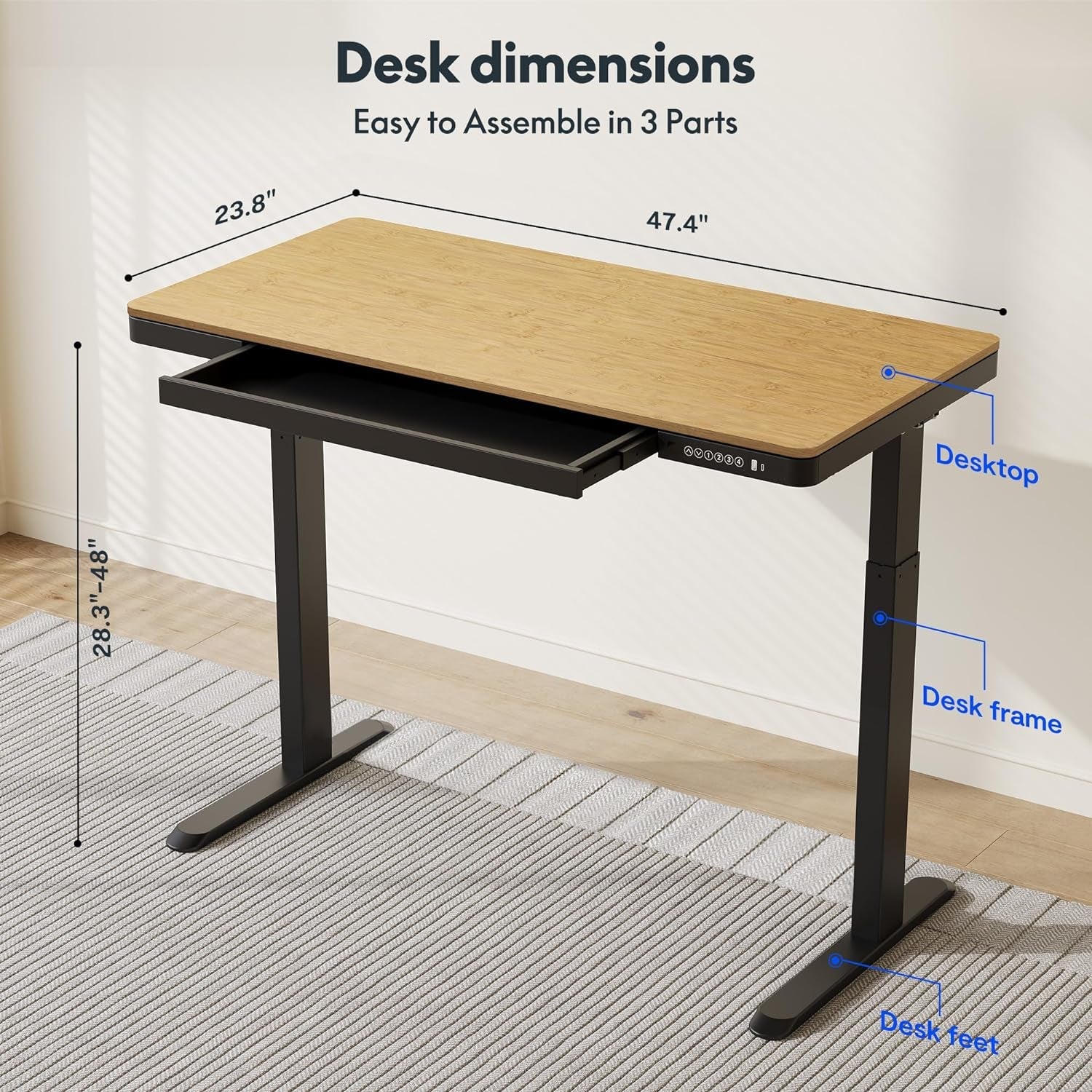 Comhar Electric Standing Desk with Drawer Desktop & Adjustable Frame W/Usb Charge Ports (Bamboo Texture/Black, Wood)-2