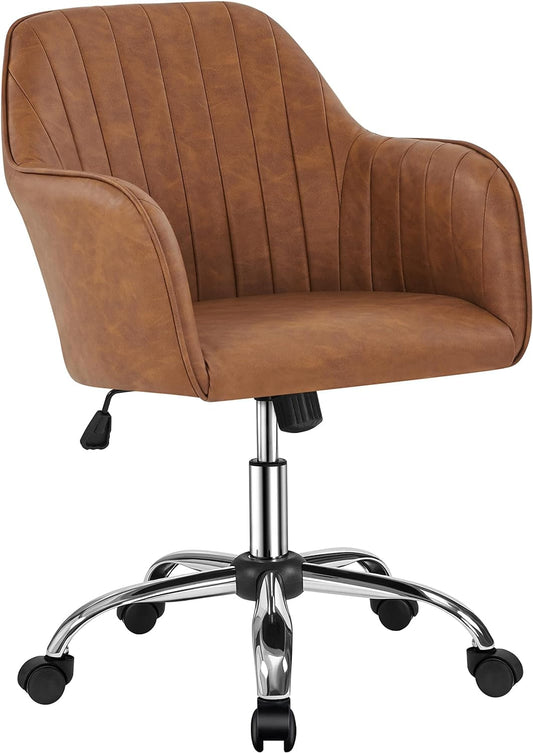 Modern Faux Leather Desk Chair Height Adjustable Task Chair Swivel Office Chair Makeup Chair Computer Chair Mid Back Chair Living Room Chairs with Arms Retro Brown-0