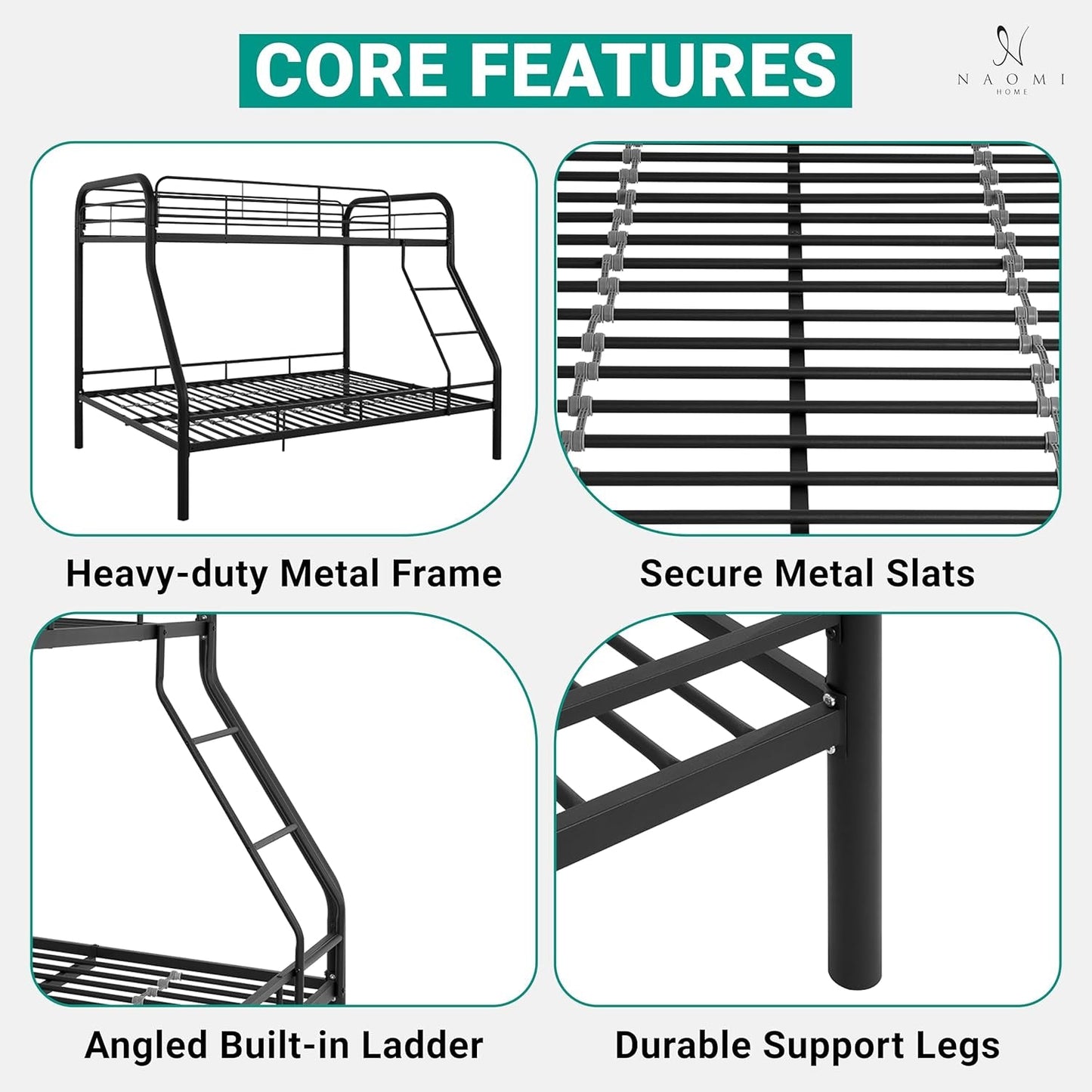 Hollywood Bunk Beds Twin over Full Size, Heavy Duty Metal Bunk Bed with Safety Guardrails, Angled Ladder, Underbed Storage, 800Lbs Capacity - for Kids and Teens, Twin over Full Bunk Bed, Black-3
