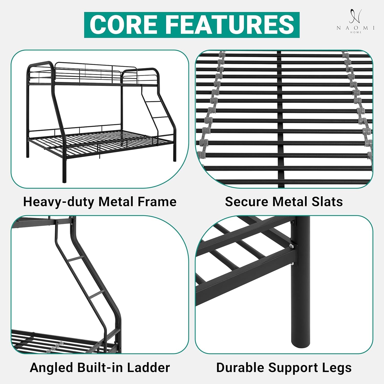 Hollywood Bunk Beds Twin over Full Size, Heavy Duty Metal Bunk Bed with Safety Guardrails, Angled Ladder, Underbed Storage, 800Lbs Capacity - for Kids and Teens, Twin over Full Bunk Bed, Black-3