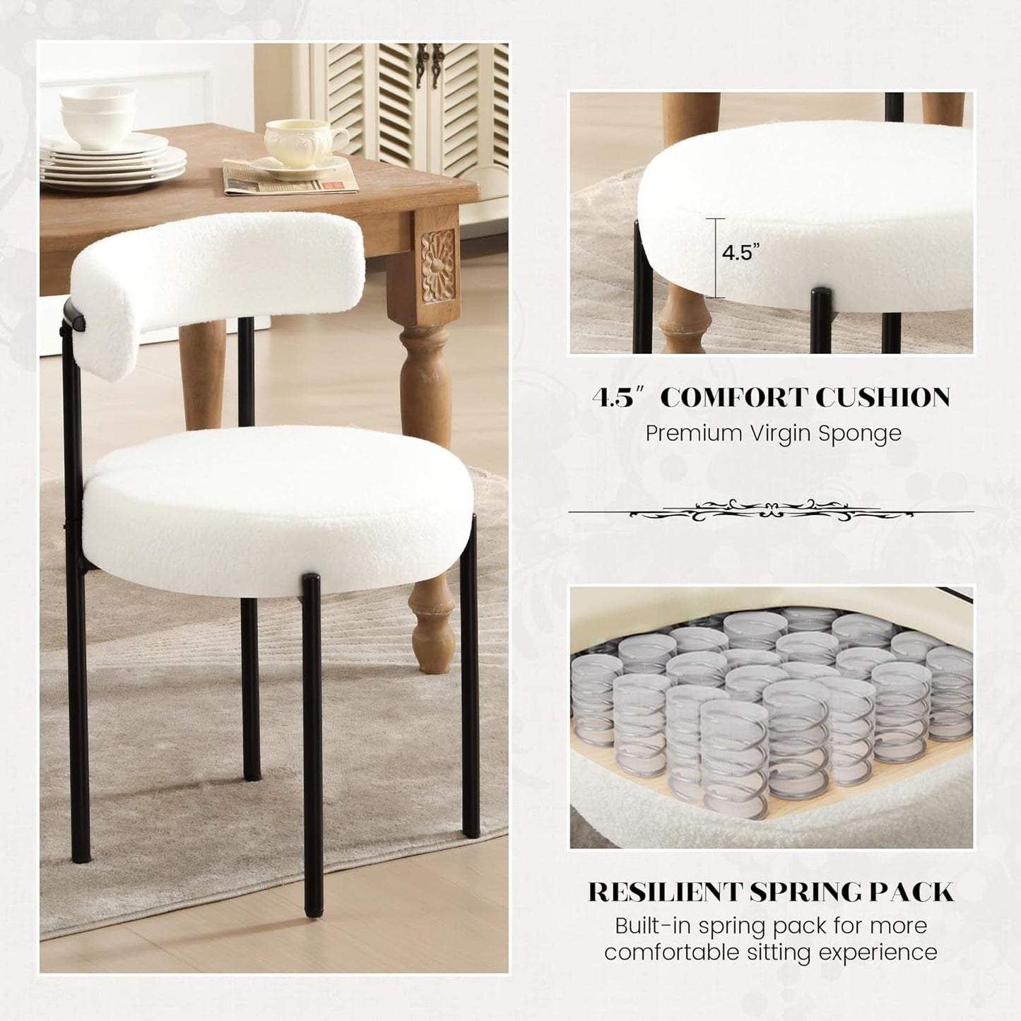 Dining Chairs Set of 4, White Boucle Dining Chair with Curved Backrest, round Thicken Upholstered Dining Chairs for Kitchen & Dining Room, Mid Century Modern Dining Chairs Sturdy and Comfy-2