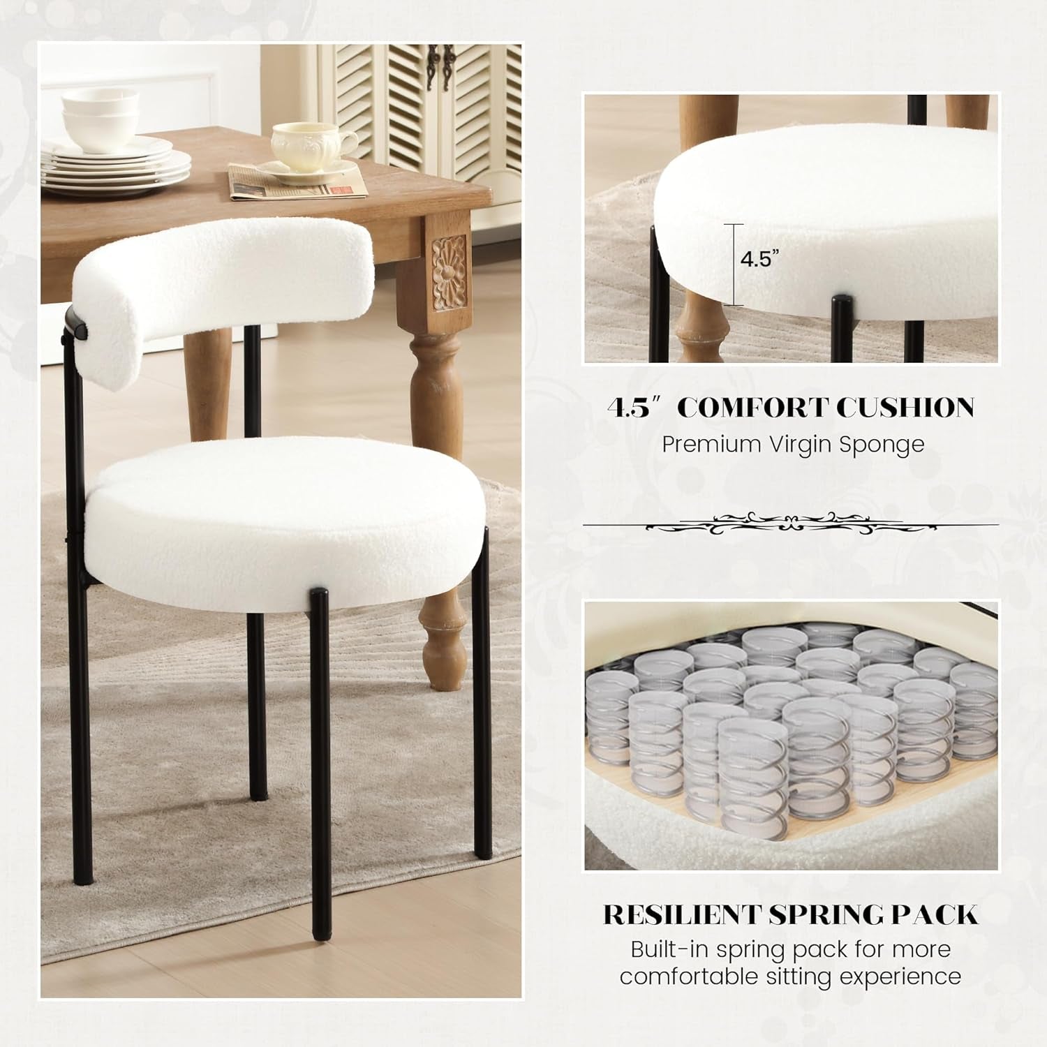 Dining Chairs Set of 4, White Boucle Dining Chair with Curved Backrest, round Thicken Upholstered Dining Chairs for Kitchen & Dining Room, Mid Century Modern Dining Chairs Sturdy and Comfy-2