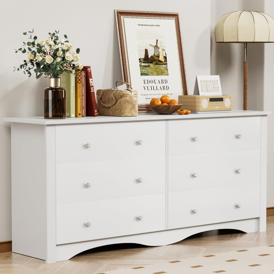 Dresser with 6 Drawer, Wood Wide Chest Storage Organizer and TV Stand for Living Room, Hallway, Dormitory, White-0