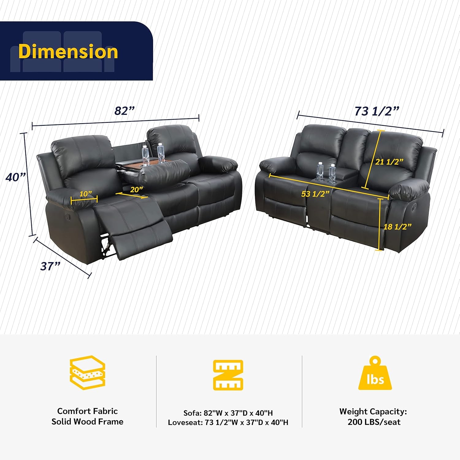 Alpine Living Room Recliner Set Include Love Seat, Sofa, 2-Piece,Black-1