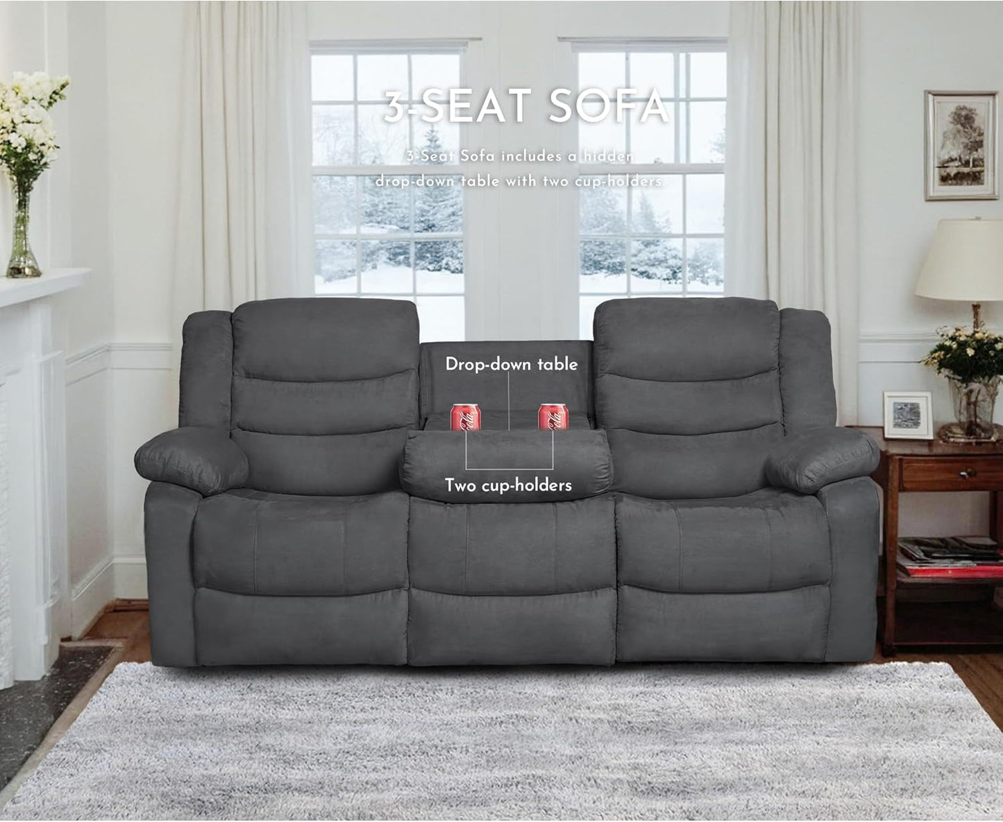Recliner Sofa Set, Microfiber Manual Reclining Couch Set, 3 Piece Recliner Set with Loveseat, Dropdown Table& Cup Holders, Living Room/Office/Theater Seating (Gray)-4
