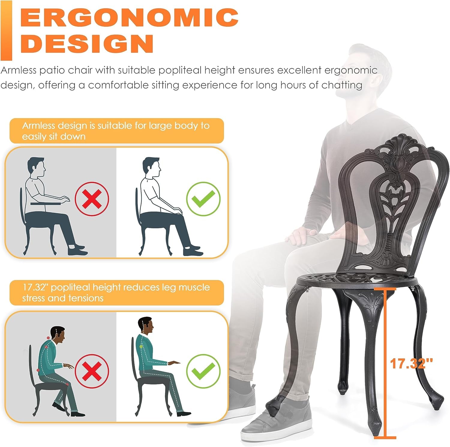 Bistro Set 3 Piece Outdoor All Weather Cast Aluminum Patio Bistro Set Patio Table and Chairs Set of 2 with Umbrella Hole for Backyard, Balcony, Lawn, Black-4