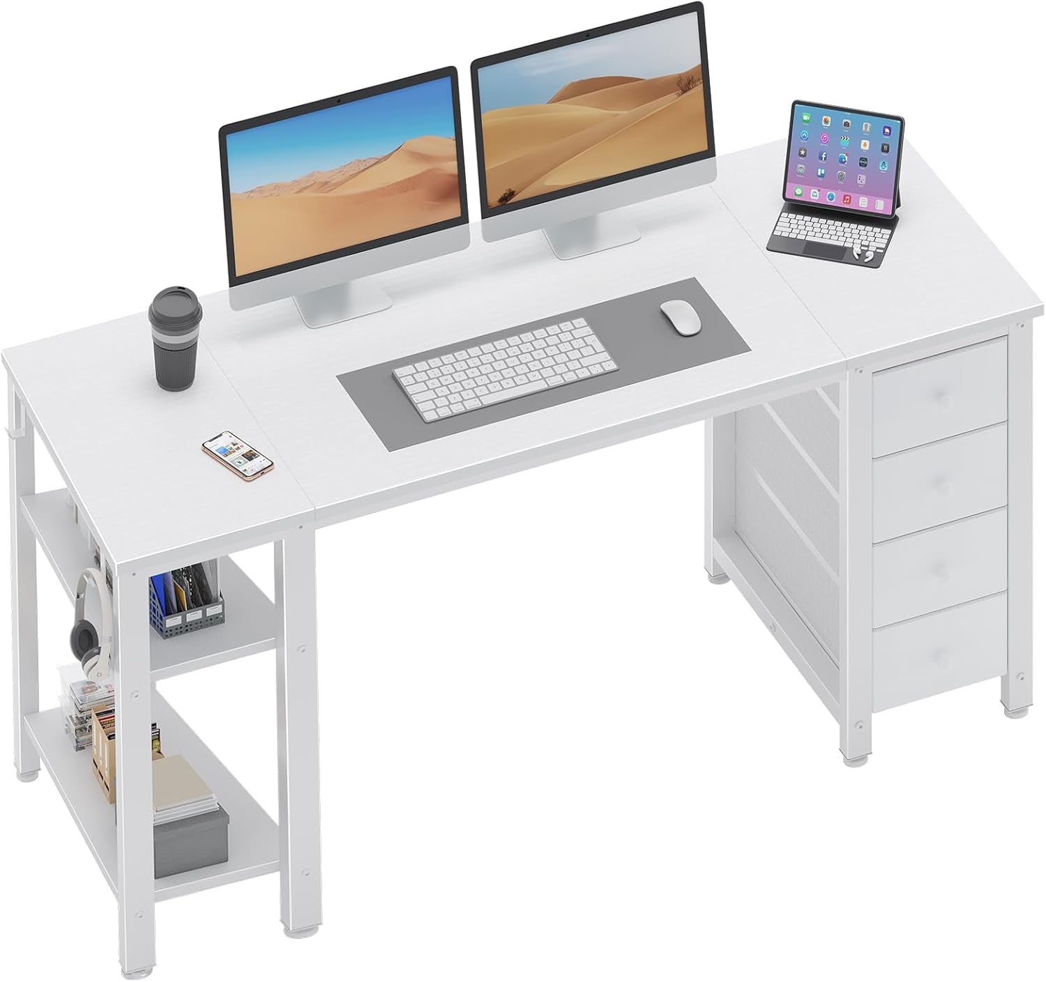 White Computer Desk with Fabric Drawers & Storage Shelves, 55 Inch Study Work Writing Desk for Home Office Bedroom, Simple Modern Cute PC Desks Table, White-0