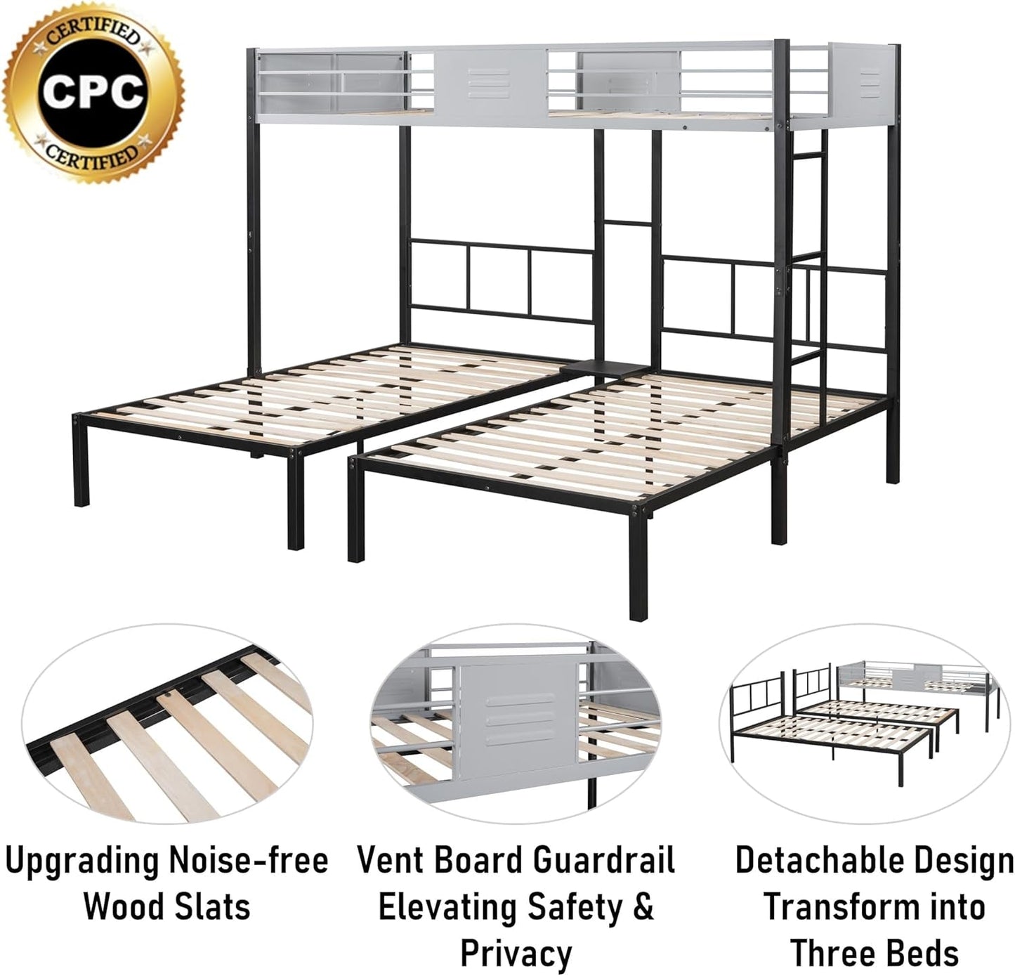 Twin Triple Bunk Bed with Vent Board for Kids,Metal Bedframe with Wood Slat Support,Separates into 3 Beds,No Box Spring Needed,Black-2