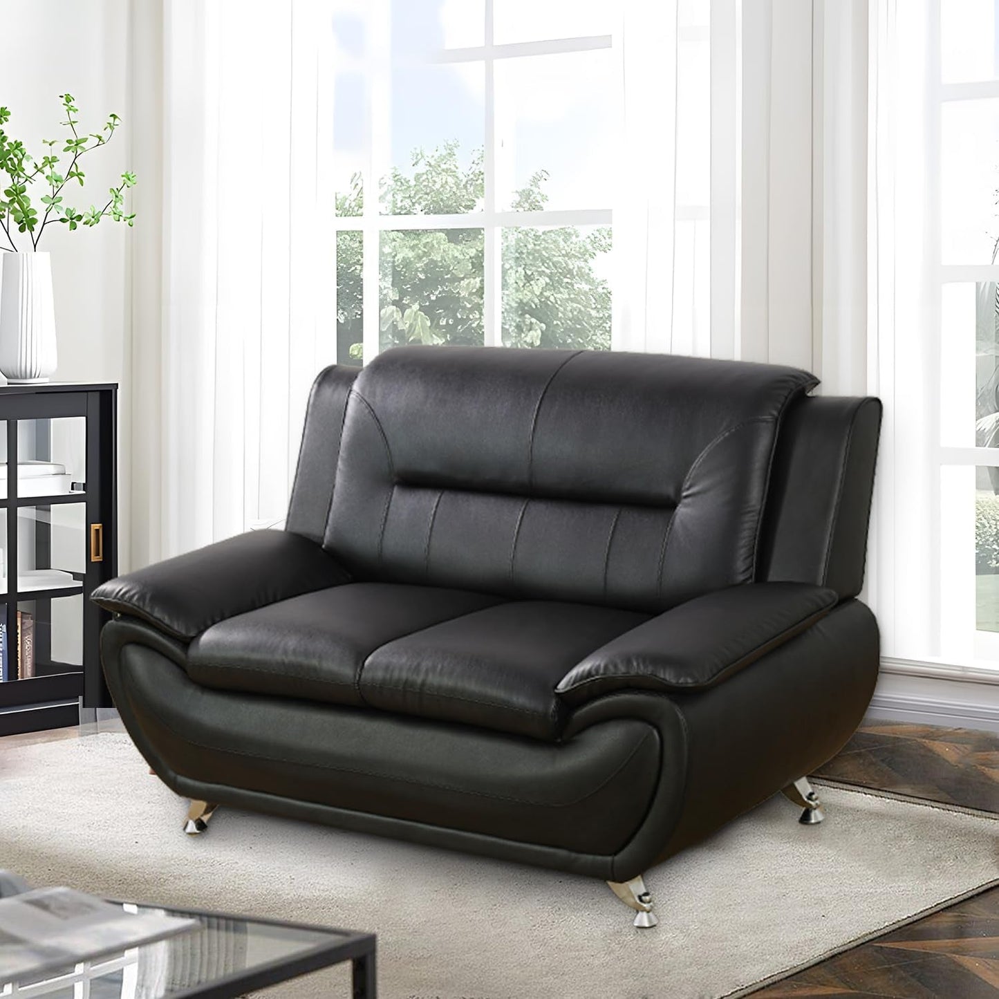 Living Room Furniture Set, Faux Leather Sofa Couch Set, 3 Pieces Modern Sofa Set for Living Room/Apartment/Office (Black)-2