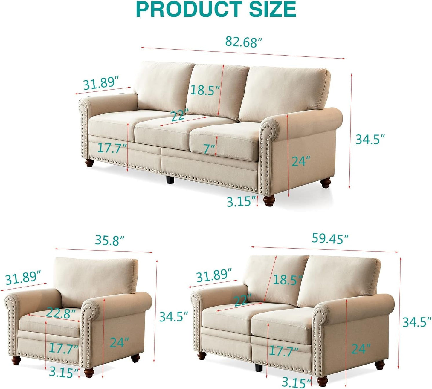 3-Piece Sofa Set 1+2+3 Secional Sofa Couch Set Living Room Sets with Storage Space & Solid Wood Legs Linen Upholstered Couch, Loveseat and Chair Set for Living Room (Beige)-1