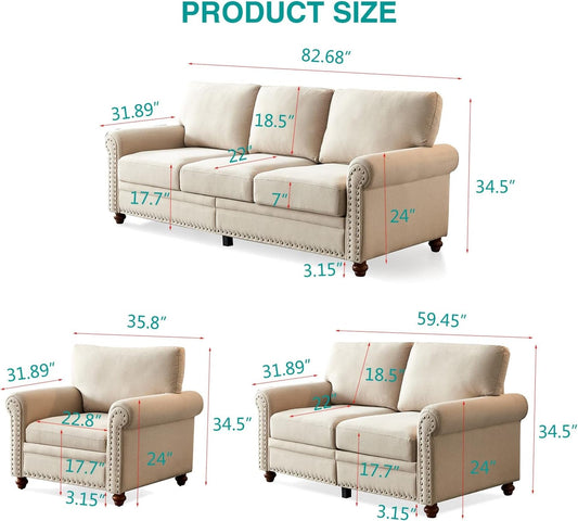 3-Piece Sofa Set 1+2+3 Secional Sofa Couch Set Living Room Sets with Storage Space & Solid Wood Legs Linen Upholstered Couch, Loveseat and Chair Set for Living Room (Beige)-1