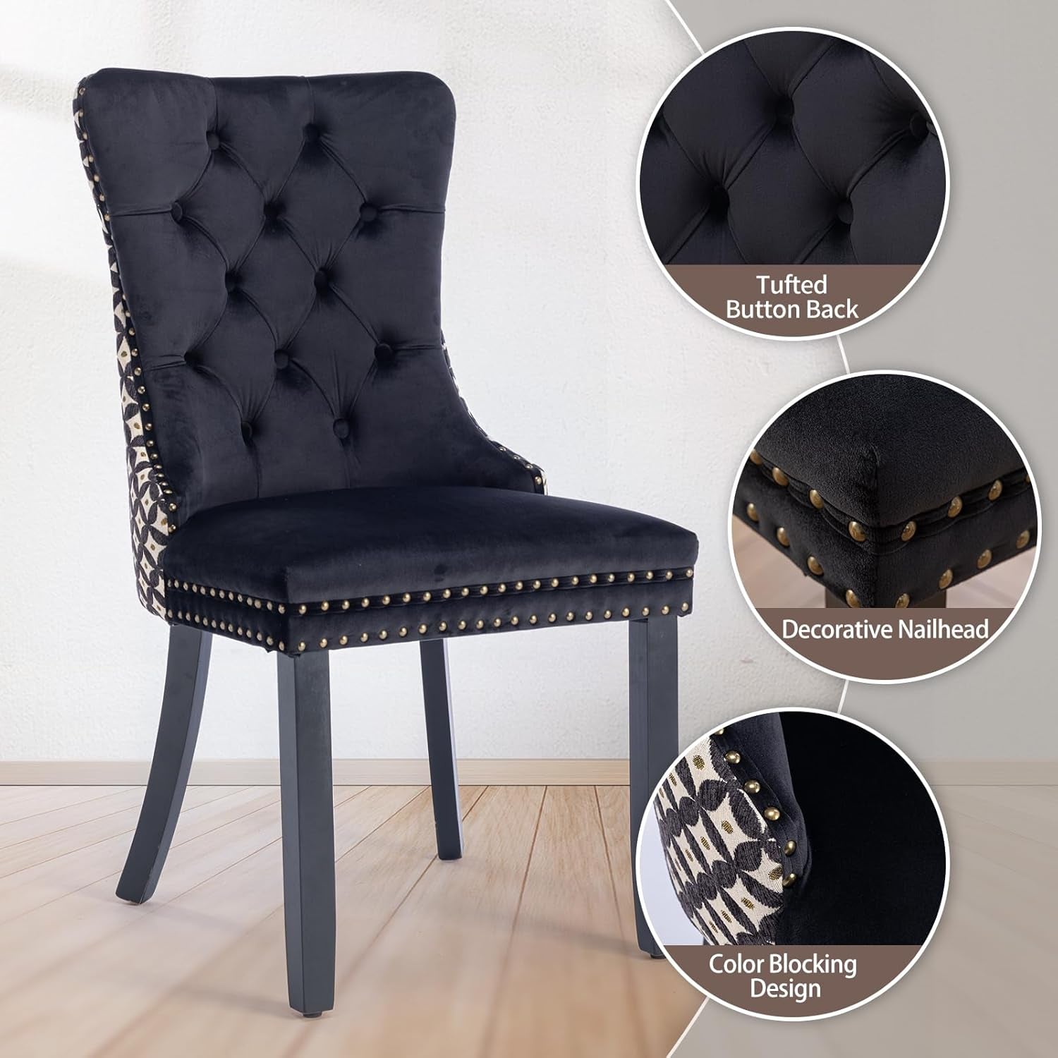 Velvet Dining Chairs Set of 4, High-End Tufted Upholstered Dining Chair with Back Ring Pull, Nailhead Trim and Solid Wood Legs, Modern Dining Room Chairs for Dining Room, Black &Patterned-3
