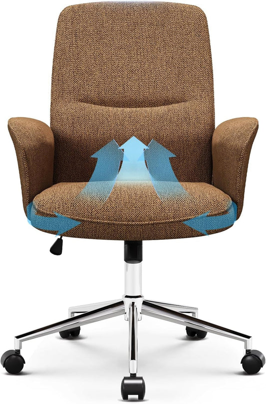 Comfy Office Desk Chair, Upholstered Fabric Computer Desk Chair, Criss Cross Chair with Wheels and Armrests, Swivel Adjustable Vanity Chair for Home, Makeup, Office, Bedroom, Camel-0