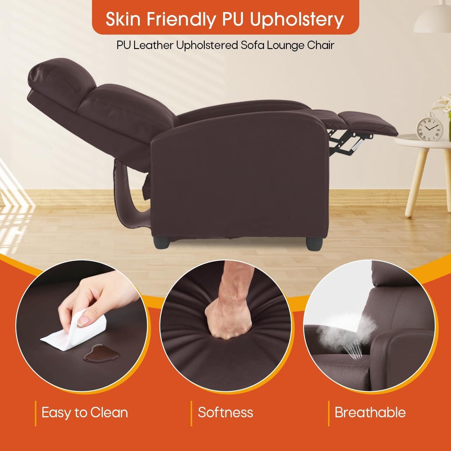 Recliner Chair for Living Room,Leather Single Sofa Furniture Home Theater Chairs Adjustable Modern Reclining Chair,Wooden Legs Armchair with Padded Seat Backrest,Brown-4