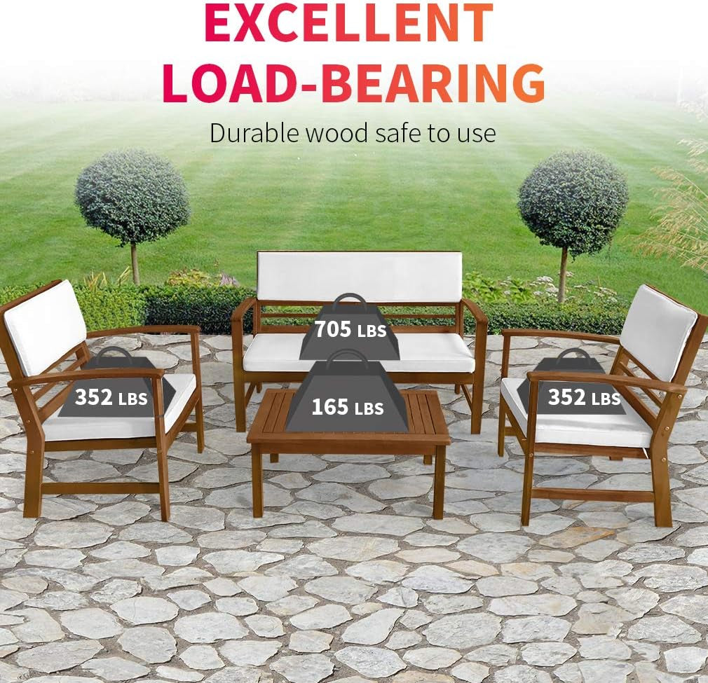 Patio Conversation Set Patio Furniture Patio Sofa Set Outdoor Chat Set 4-Piece Acacia Wood Outdoor Seating Set with Water Resistant Cushions and Coffee Table for Pool Beach Backyard Balcony Garden-3