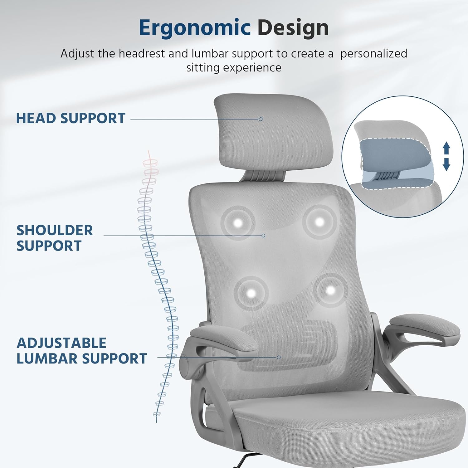 Ergonomic Mesh Office Chair, High Back Desk Chair with with Flip-Up Armrests, Adjustable Padded Headrest Computer Chair with Lumbar Support for Home Oiffce Game Room, Full Gray-3