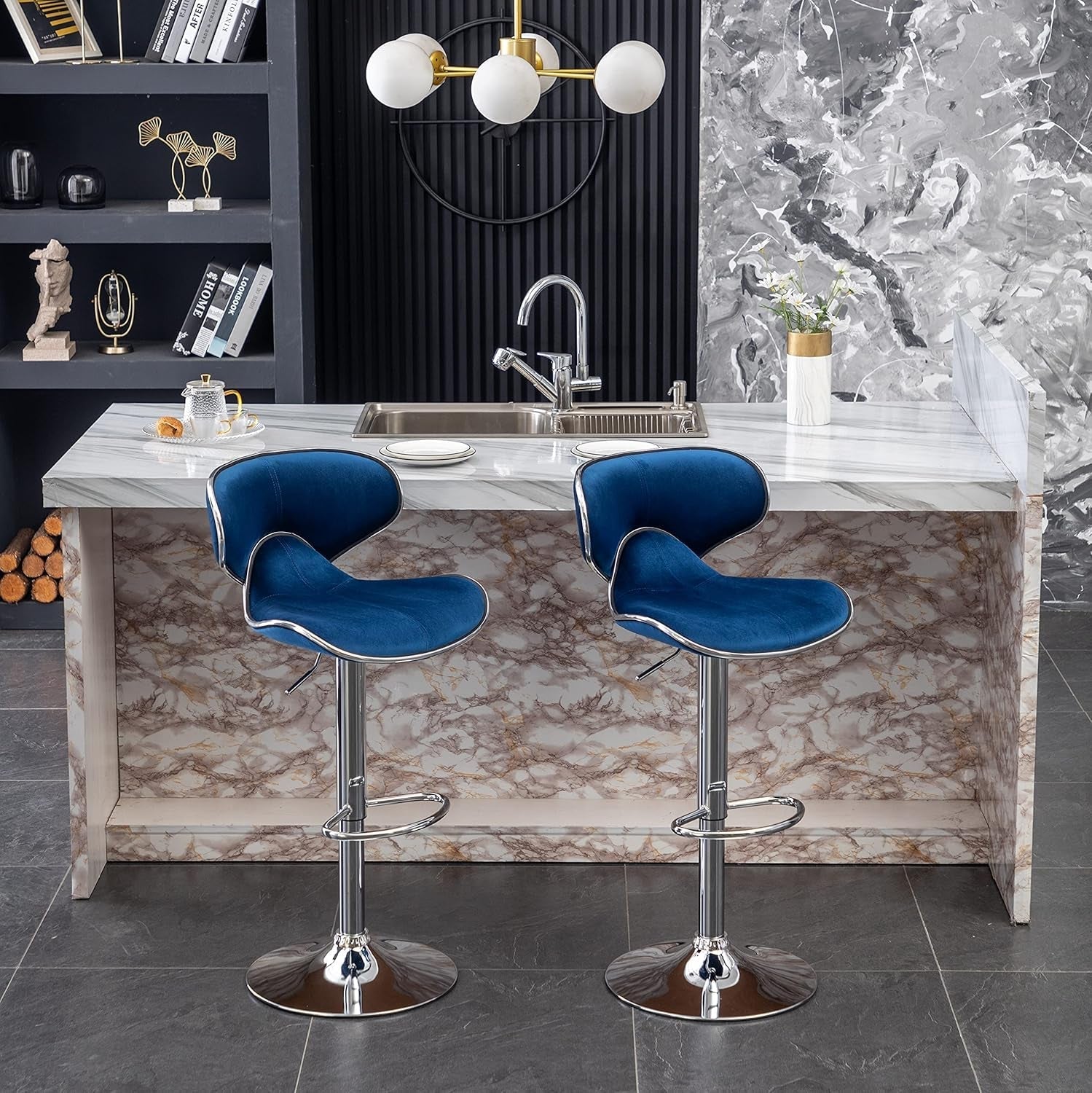 Masaccio Velvet Upholstered Adjustable Swivel Barstool, Set of 2, Blue-3