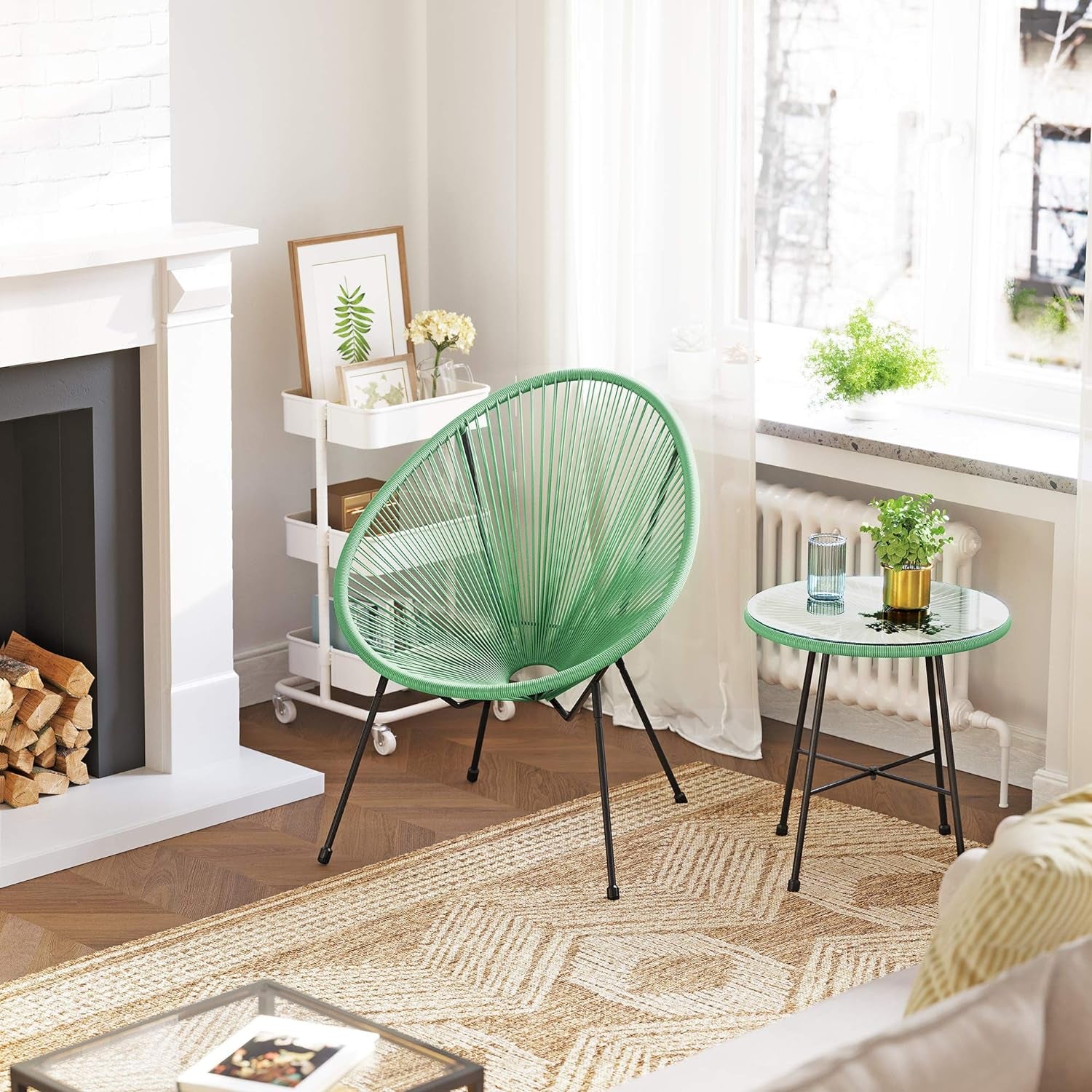 3-Piece Outdoor Seating Acapulco Chair, Modern Patio Furniture Set, Glass Top Table and 2 Chairs, Indoor and Outdoor Conversation Bistro Set, Light Green UGGF011C01-3