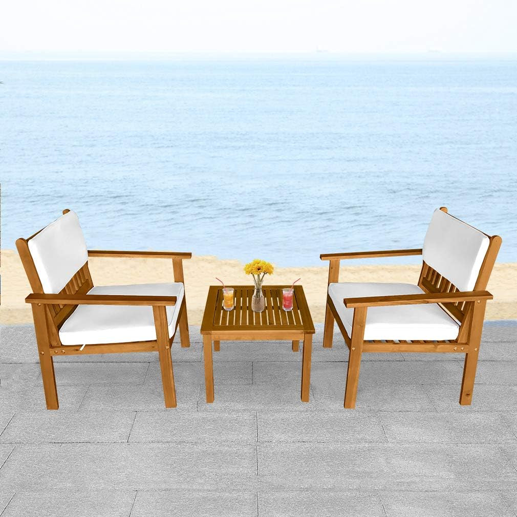 3-Piece Acacia Wood Patio Bistro Set Patio Furniture Outdoor Chat Conversation Table Chair Set Outdoor Wood Chat Set with Water Resistant Cushions and Coffee Table Chairs for Beach Backyard Garden-1