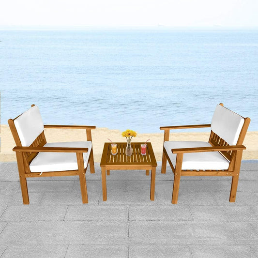 3-Piece Acacia Wood Patio Bistro Set Patio Furniture Outdoor Chat Conversation Table Chair Set Outdoor Wood Chat Set with Water Resistant Cushions and Coffee Table Chairs for Beach Backyard Garden-1
