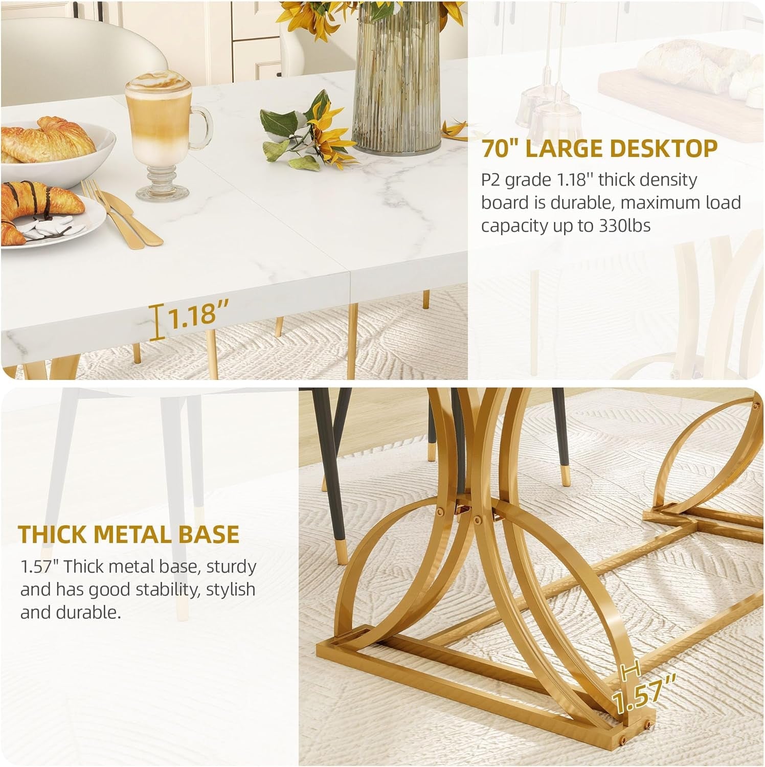 70.3" Large Modern Dining Table for 6-8 People Rectangular White Kitchen Dining Room Table with Faux Marble Tabletop and Gold Geometric Metal Legs Farmhouse Wood Dinner Tables, White and Gold-3