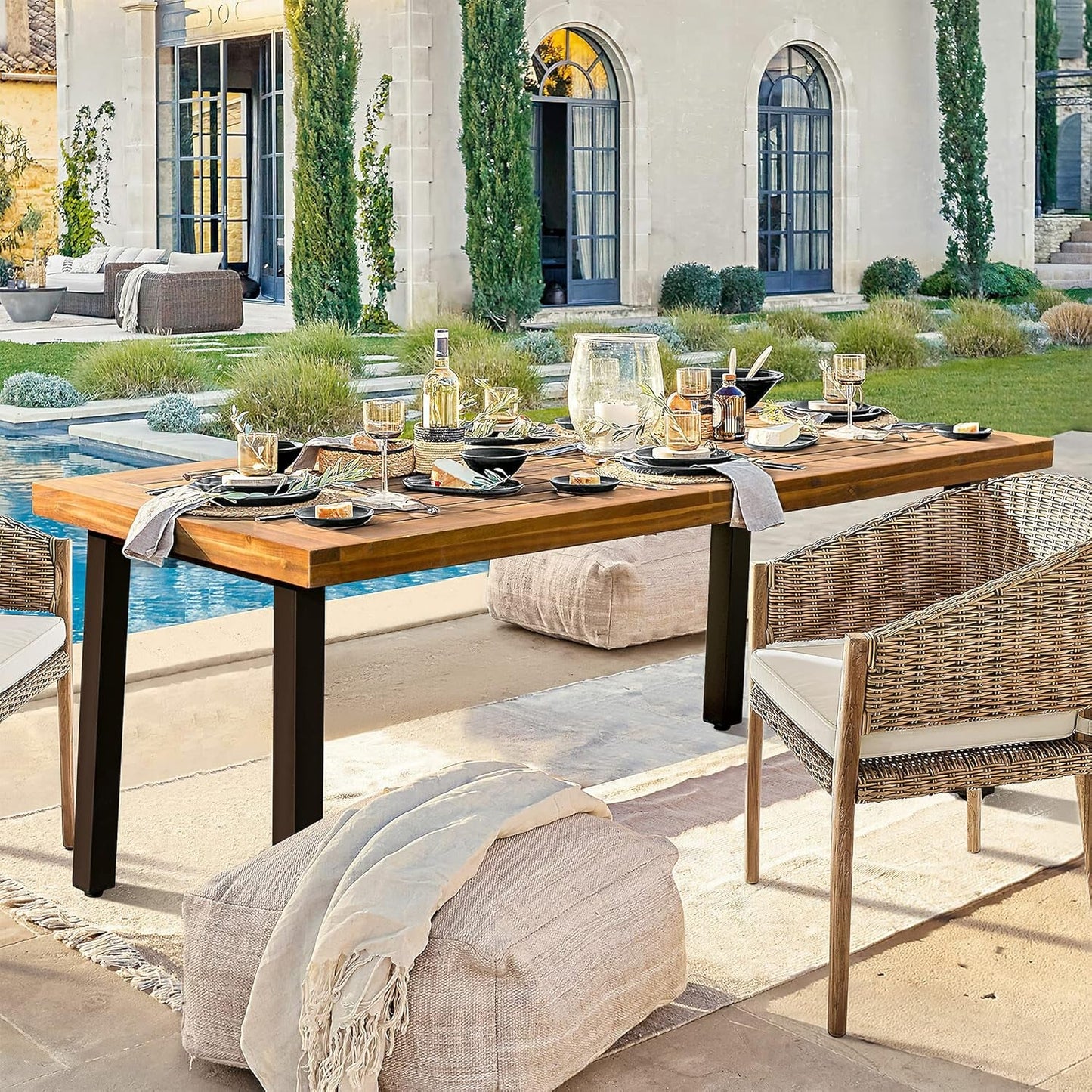 Home Acacia Wood Dining Table 6-Person Indoor Outdoor Table with Iron Legs, Sandblast Finish, Natural Stained, Rustic Metal, 69 * 33 * 30 Inch (Natural)-3