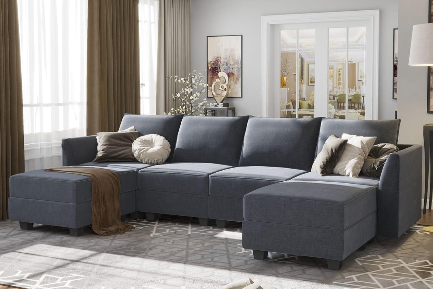 Modular U-Shaped Sectional Sofa Bluish Grey, Storage-0