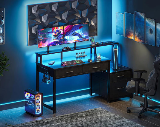 48-Inch Computer Desk with Power Outlets and LED Lights, Gaming Desk with 4 Fabric Drawers, Reversible Office Desk with Monitor Stand, Writing/Study Table for Home, Black-1