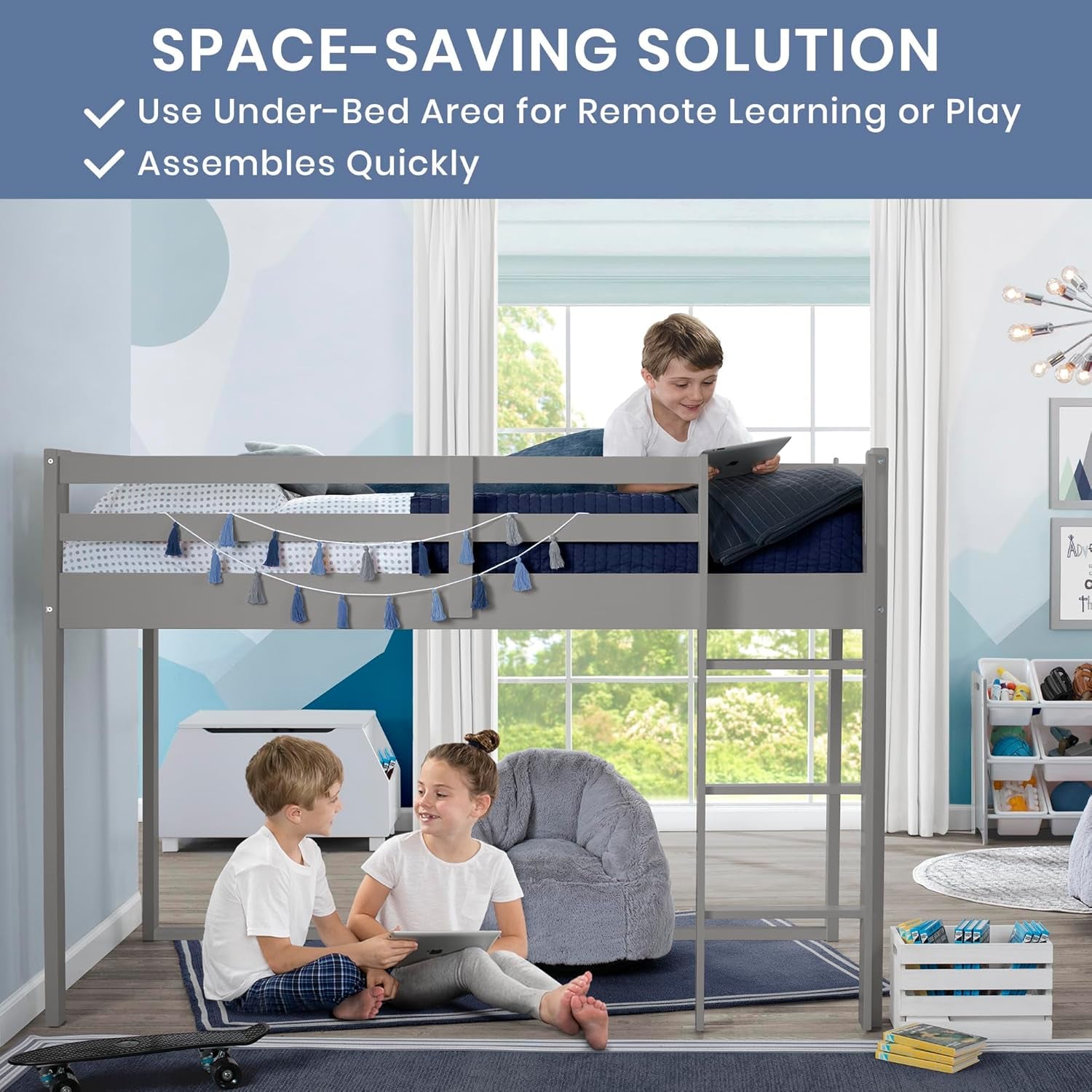 Twin Loft Bed with Guardrail and Ladder (Coordinates with Batman, Spider-Man & Harry Potter Tents Sold Separately), Grey-2