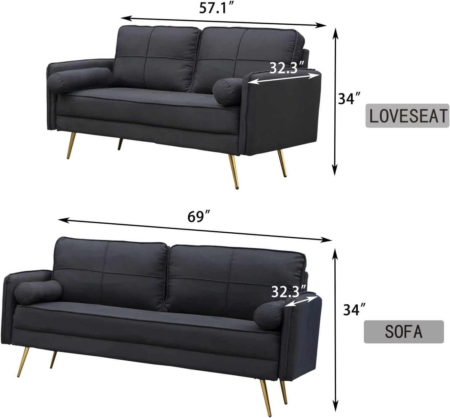 Modern 2 Piece Sofa Set Velvet Loveseat & Sofa Set Tufted Loveseat & Couch Set Upholstered Living Room Furniture Set with Bolsters & Metal Legs for Living Room,Bedroom,Dorm - Black-2