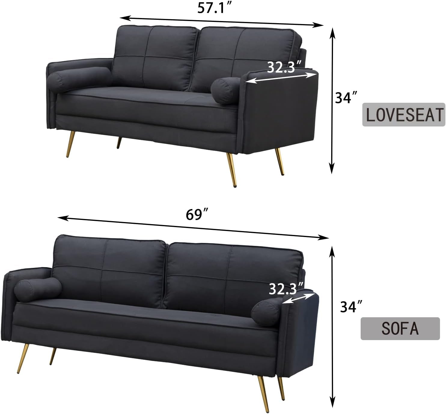 Modern 2 Piece Sofa Set Velvet Loveseat & Sofa Set Tufted Loveseat & Couch Set Upholstered Living Room Furniture Set with Bolsters & Metal Legs for Living Room,Bedroom,Dorm - Black-2