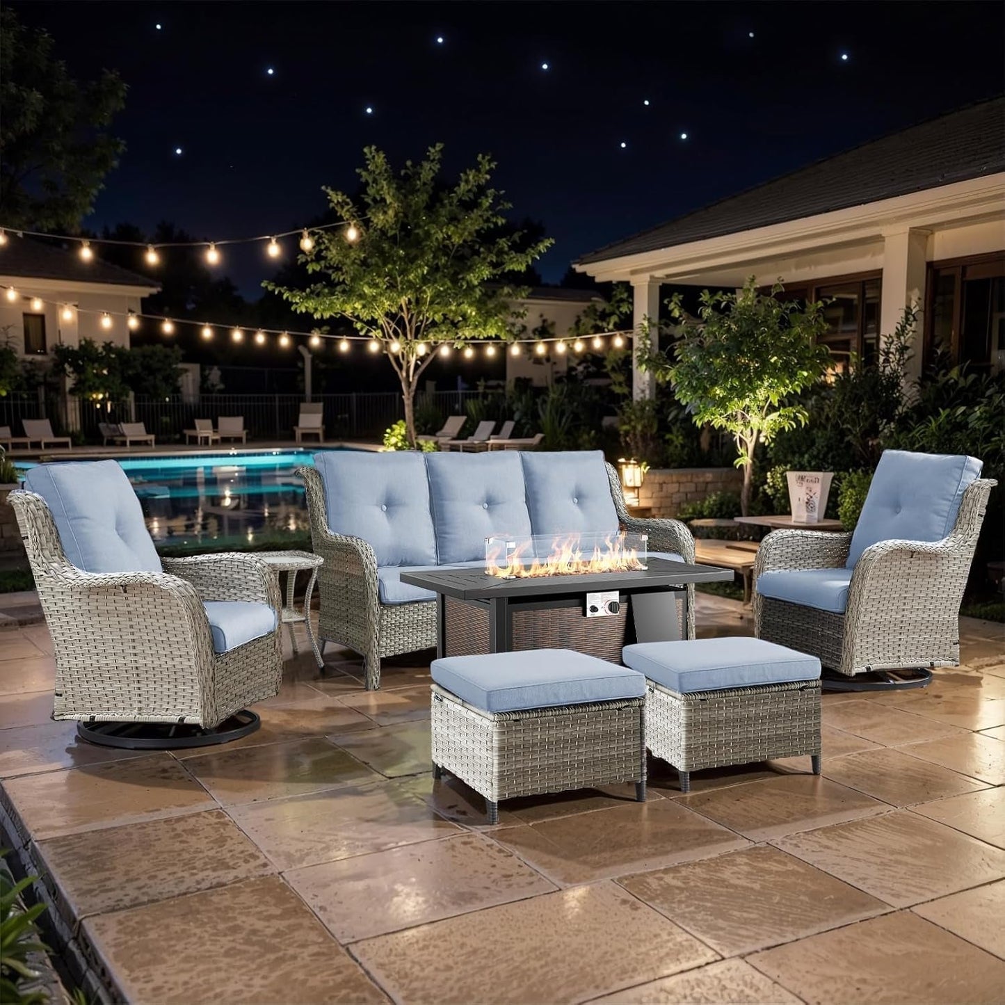 7 Pieces Patio Furniture Set with Fire Pit Table, Wicker Rattan Outdoor Furniture Set with Swivel Rocker Chairs for Yard, Deck, Garden, Light Beight/Light Blue-0