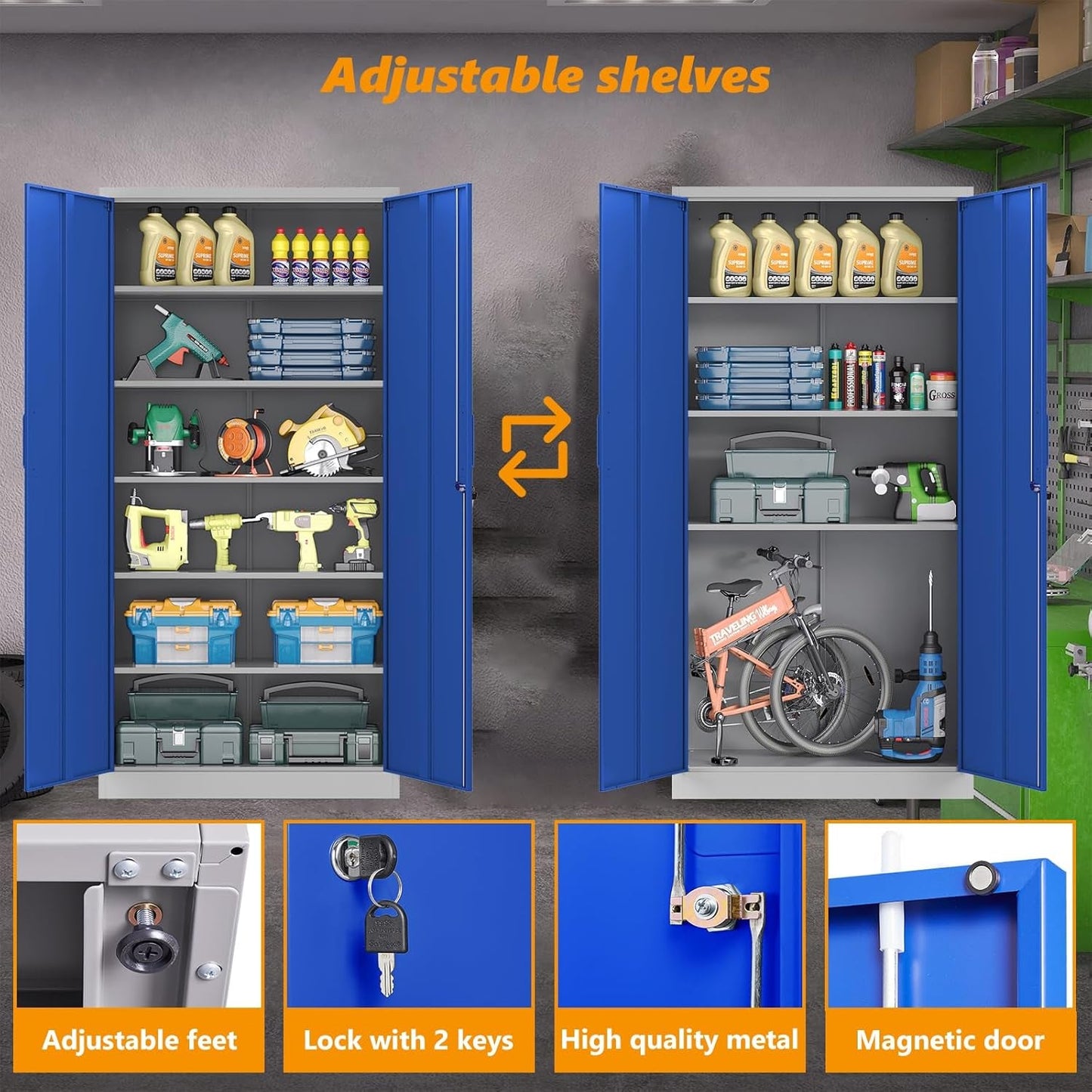 Metal Garage Storage Cabinet with Lock, 71" Steel Lockable File Cabinet, Locking Steel Storage Cabinet with 5 Adjustable Shelves for Home, Office, Garage, Warehouse (Blue Grey, 2 Door - 71" H)-3