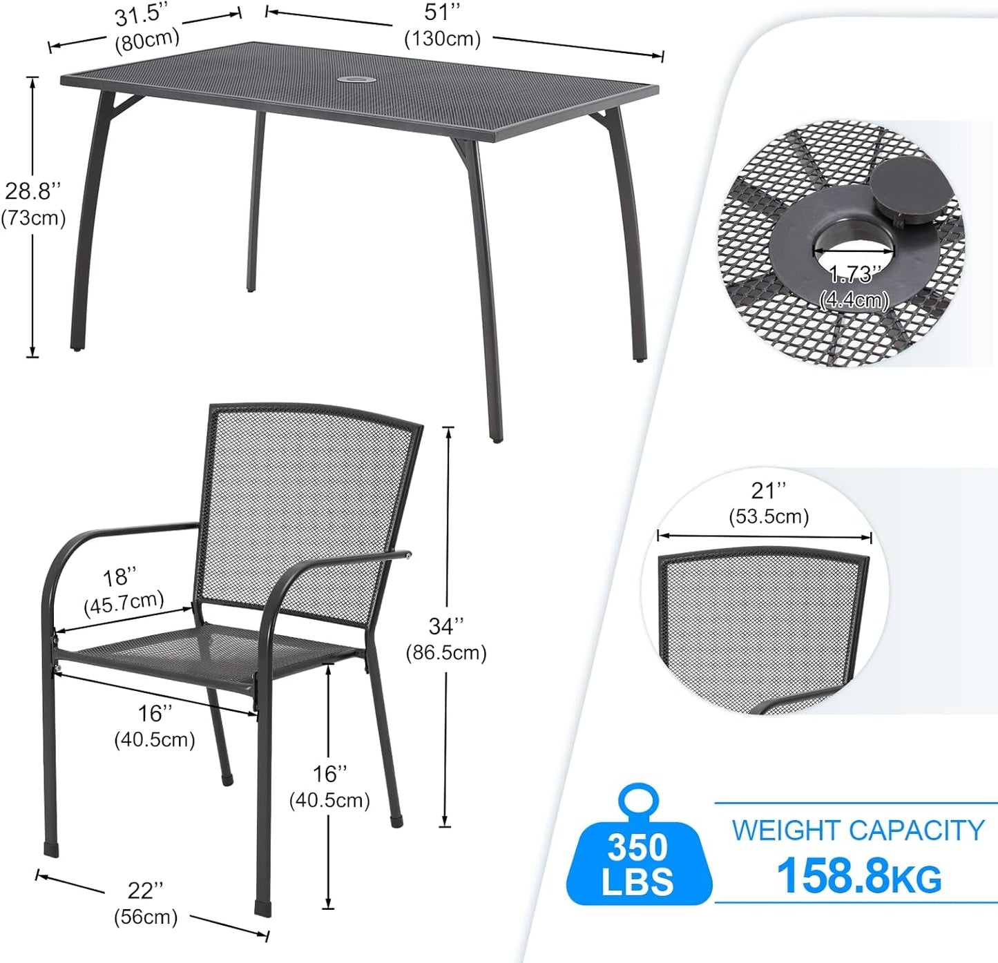 5 Piece Outdoor Table and Chair, Patio Outdoor Dining Set with 1.73" Umbrella Hole, Patio Table and Chair Set of 4 for Garden,Bistro,Deck-2