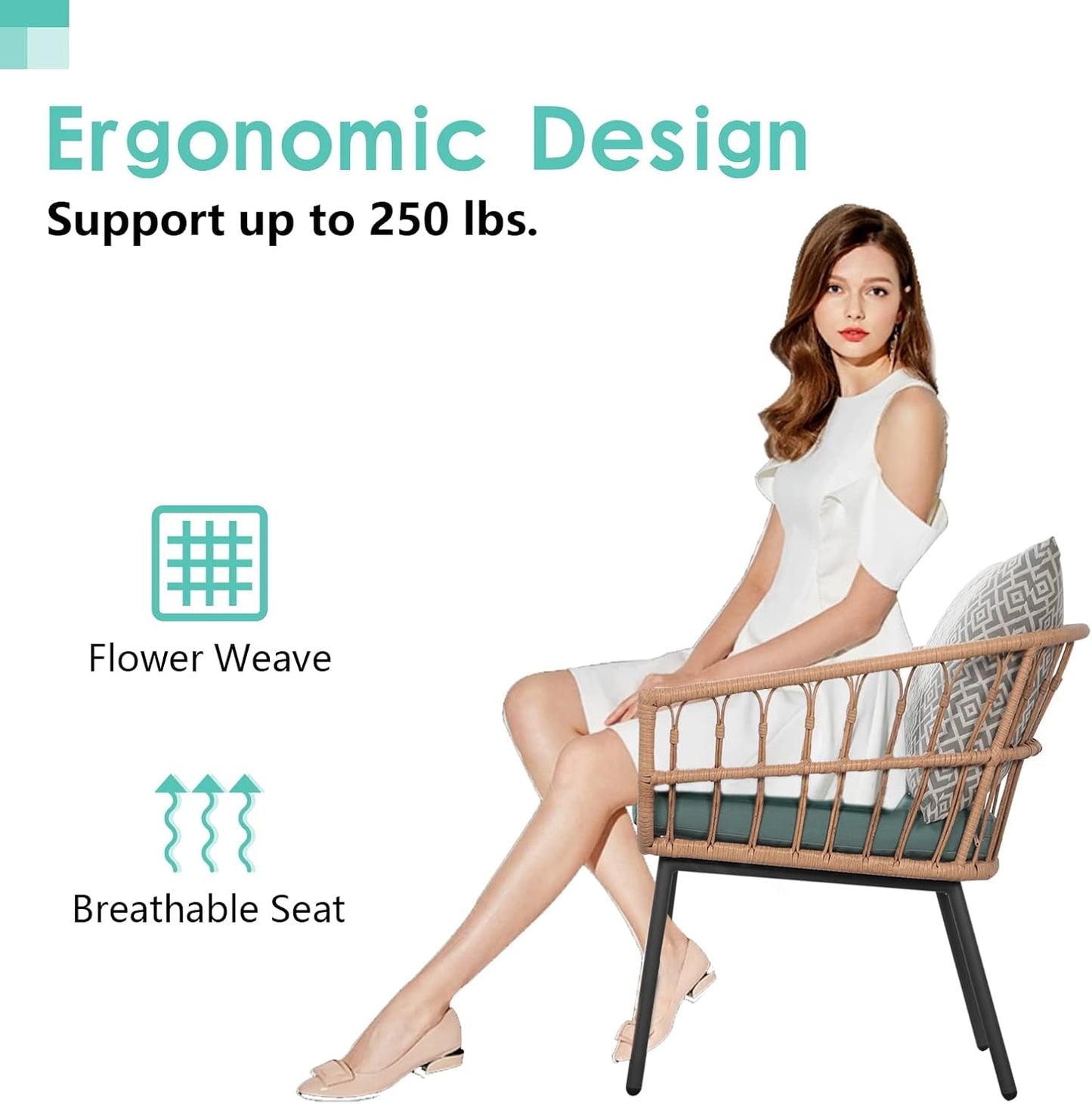 3 Piece Patio Furniture Outdoor Conversation Bistro Set with Tempered Coffee Table and Wicker Chairs for Garden Balcony Backyard Yard Poolside, Green (QX-MA-WF-001)-2