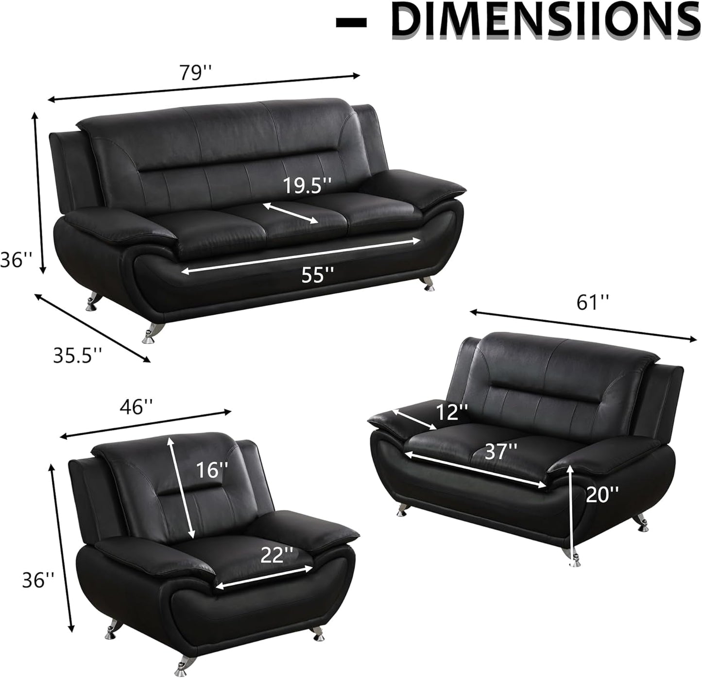 3 Piece Living Room Couch Set, Faux Leather Sofa Set, Modern Sofa Couch Set Living Room Furniture (Sofa+Loveseat+Chair, Black)-1