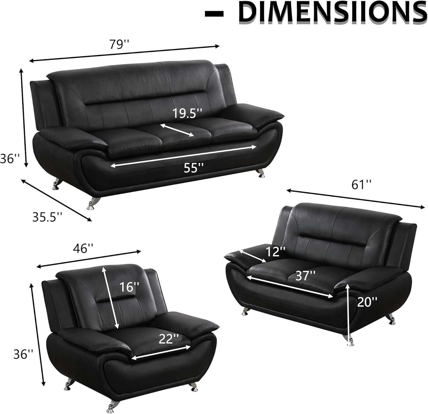 3 Piece Living Room Couch Set, Faux Leather Sofa Set, Modern Sofa Couch Set Living Room Furniture (Sofa+Loveseat+Chair, Black)-1