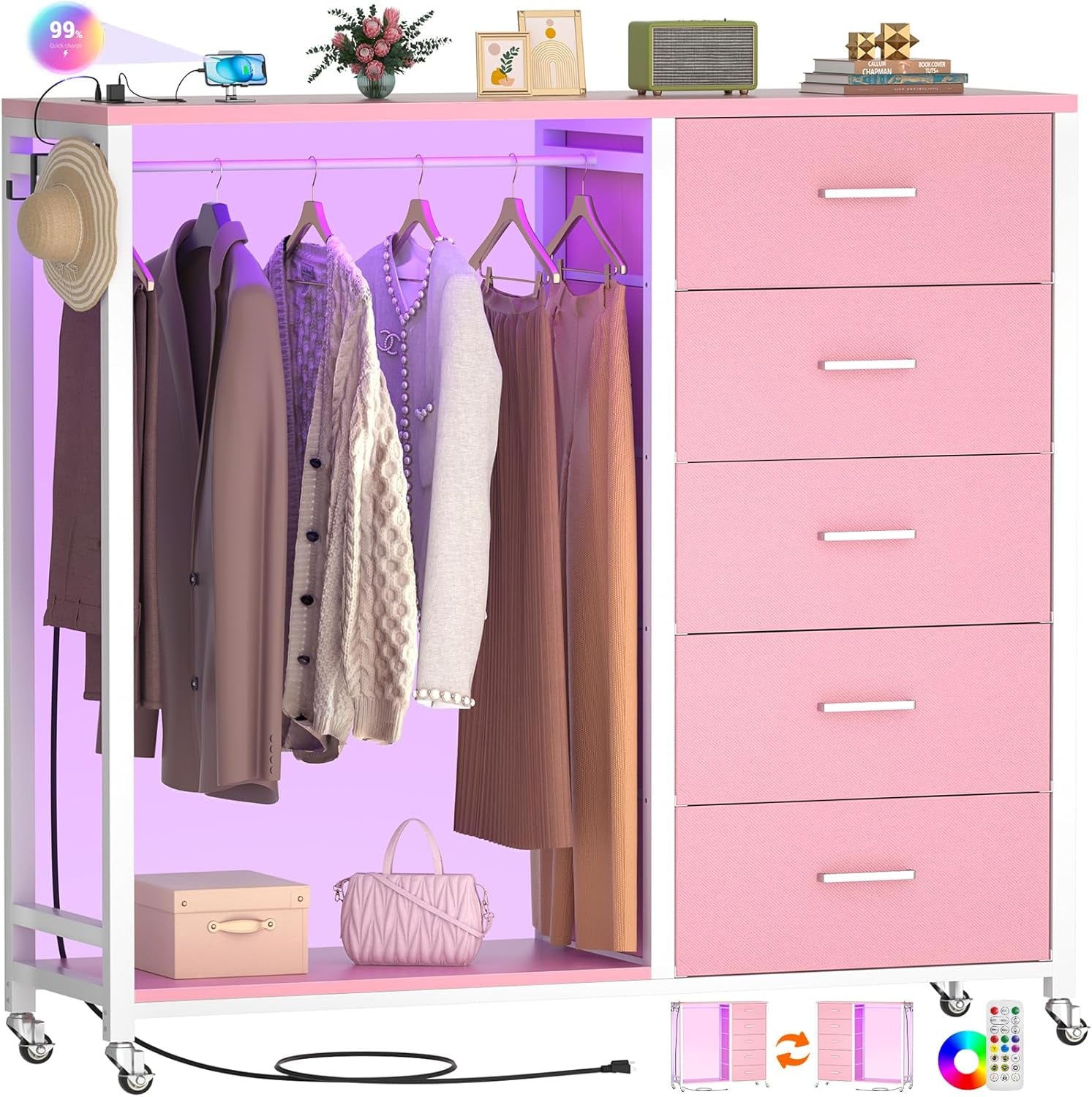 Dresser for Bedroom with Clothes Rack, 5 Drawers Dresser with Charging Station & LED Lights, Pink Storage Chest of Drawers with Wheels, Wooden Top, Lockable Wheels, Bedroom, Closet, Pink-0