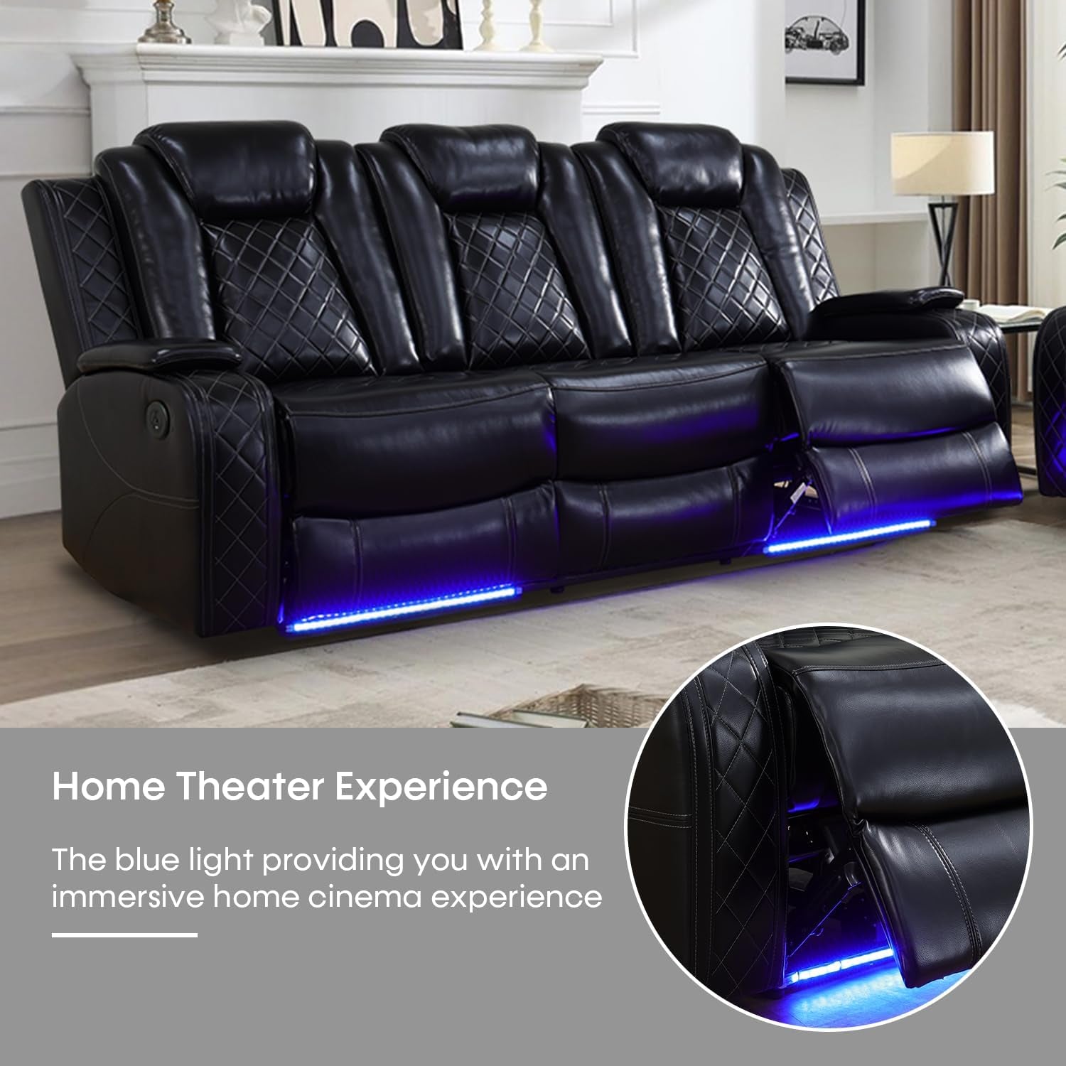 Power Recliner Sofa Set with LED Lights,Leather Living Room Furniture Set with USB Port/Cup Holders,Reclining Sofa for House/Home Theater(Sofa&Loveseat 2 Pieces, Black)-3